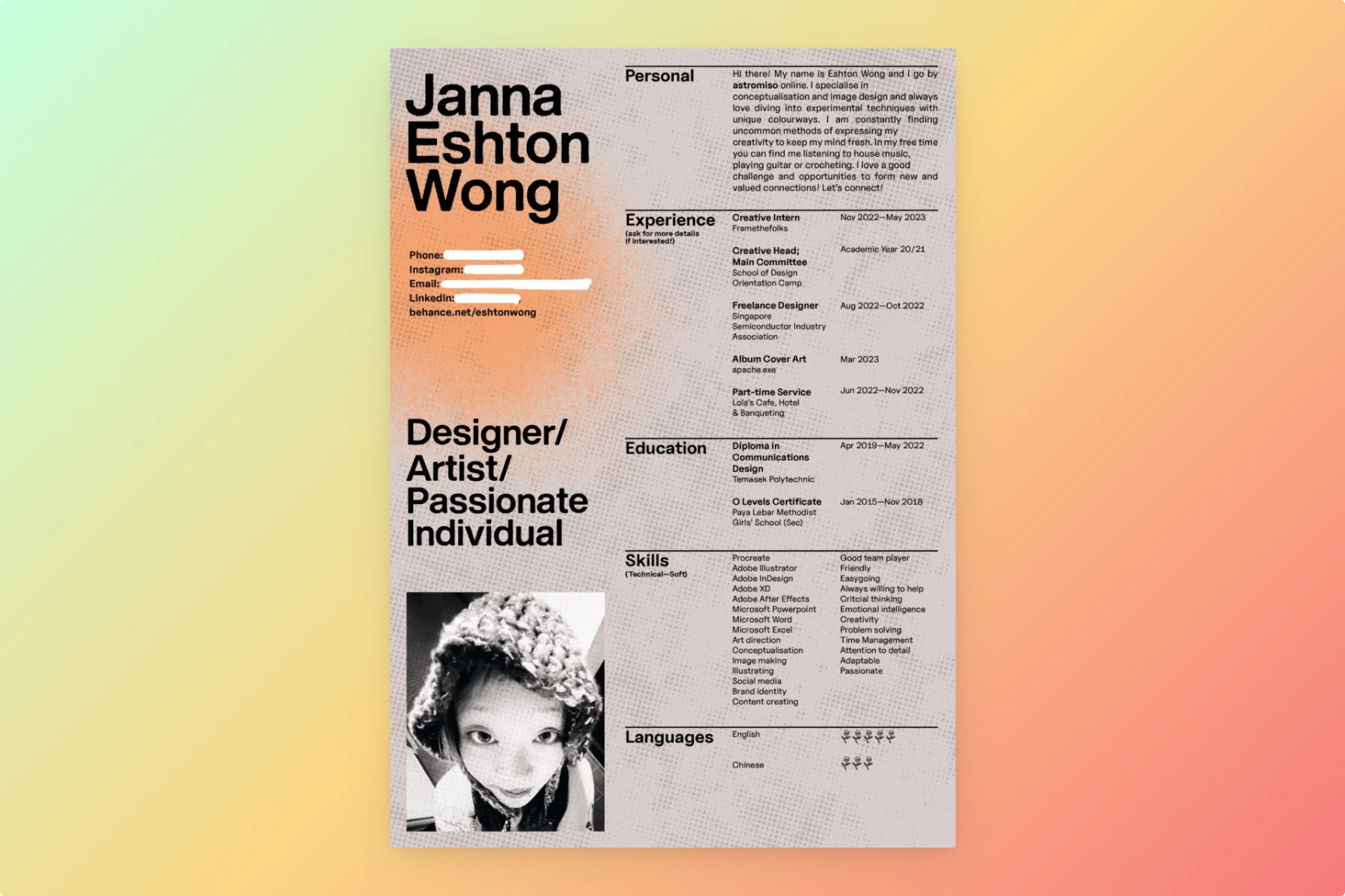 Creative resume example with orange gradient background for Eshton Wong, designer/artist/passionate individual, including black and white portrait photo and clean typography
