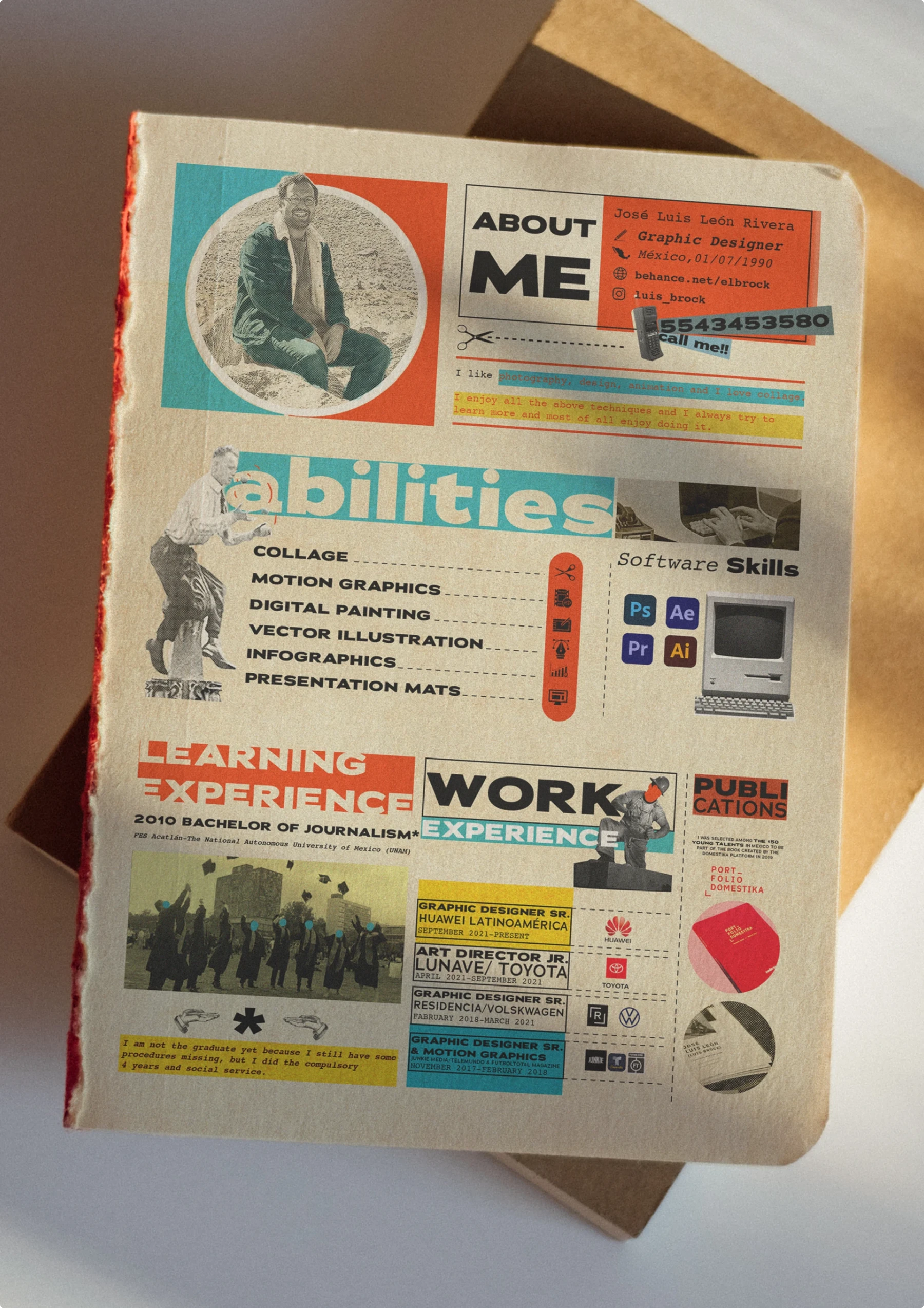 Creative collage-style resume design for José Luis Rivera, Mexican graphic designer, featuring notebook aesthetic with mixed media elements and artistic layout approach