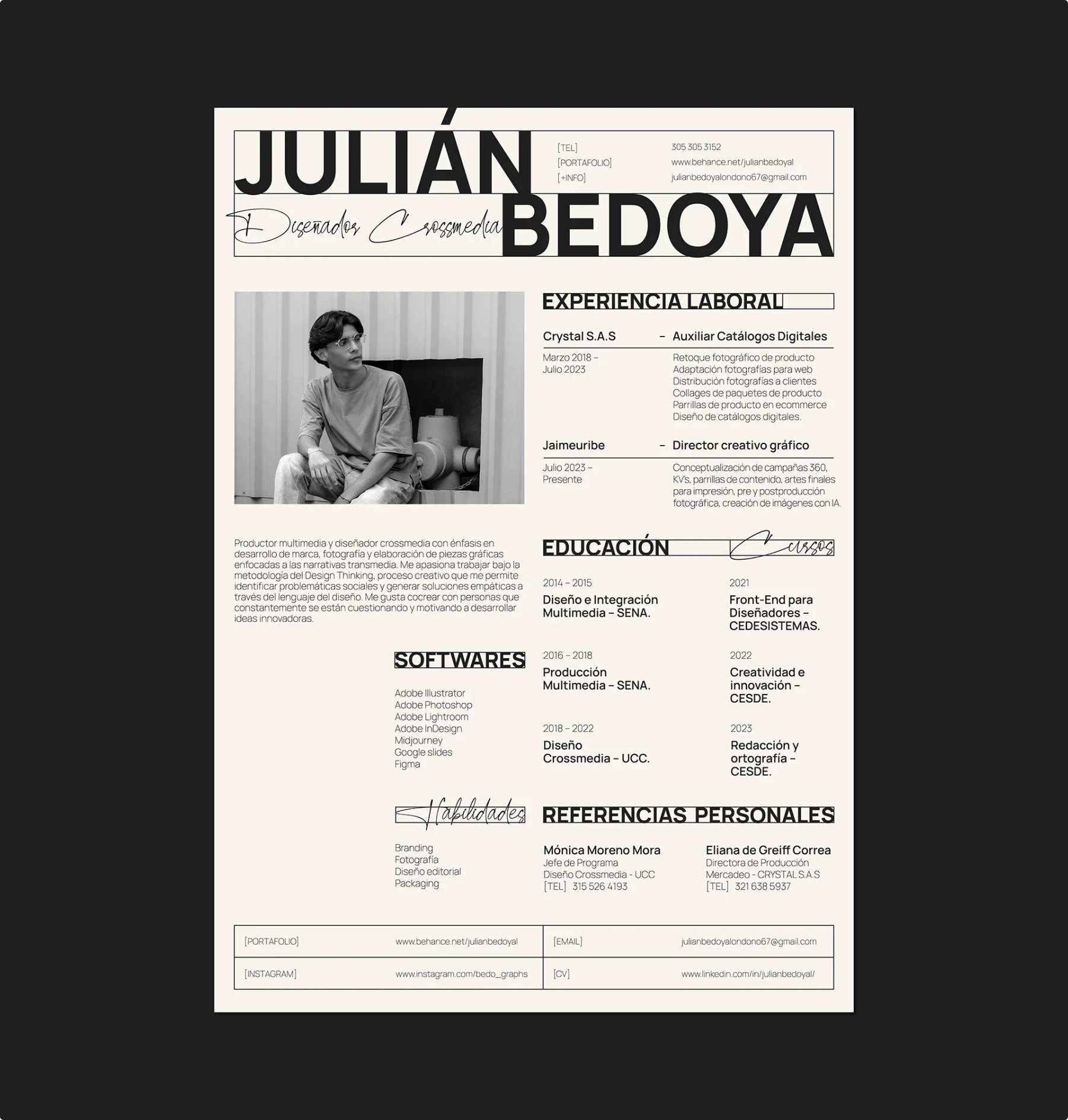 Creative resume example featuring clean typography-focused design for Julián Bedoya, Spanish graphic designer specializing in crossmedia design, showcasing minimal black and white layout with excellent visual hierarchy
