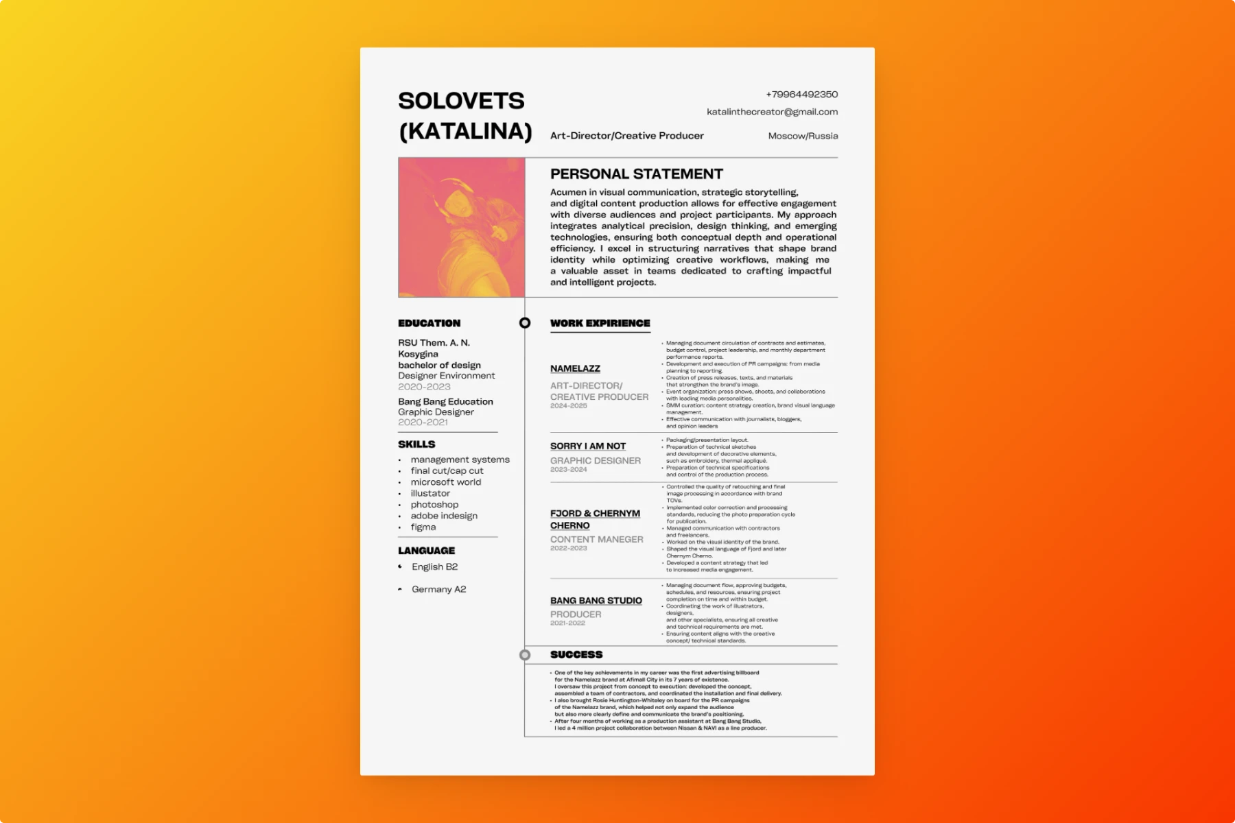 Clean creative resume example for Katalina Solovets, art director and creative producer, featuring minimal design with strategic pink accent elements