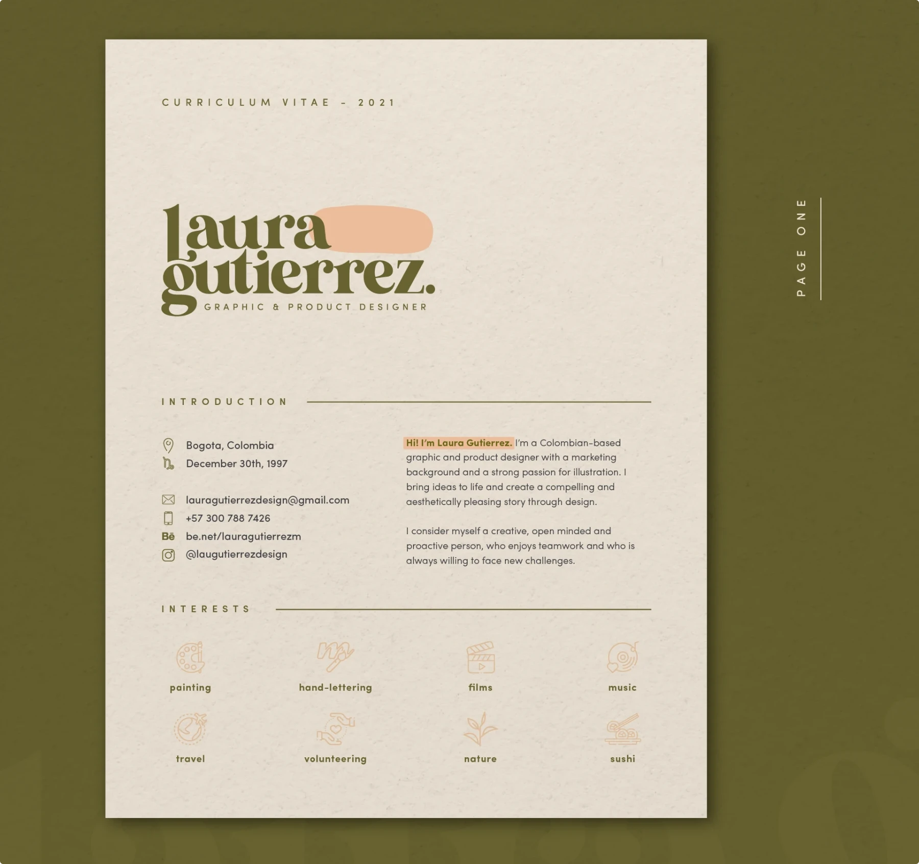 Two-page creative CV example for Laura Gutierrez, Colombian graphic and product designer, showcasing sophisticated earth-tone color palette with green and beige accents