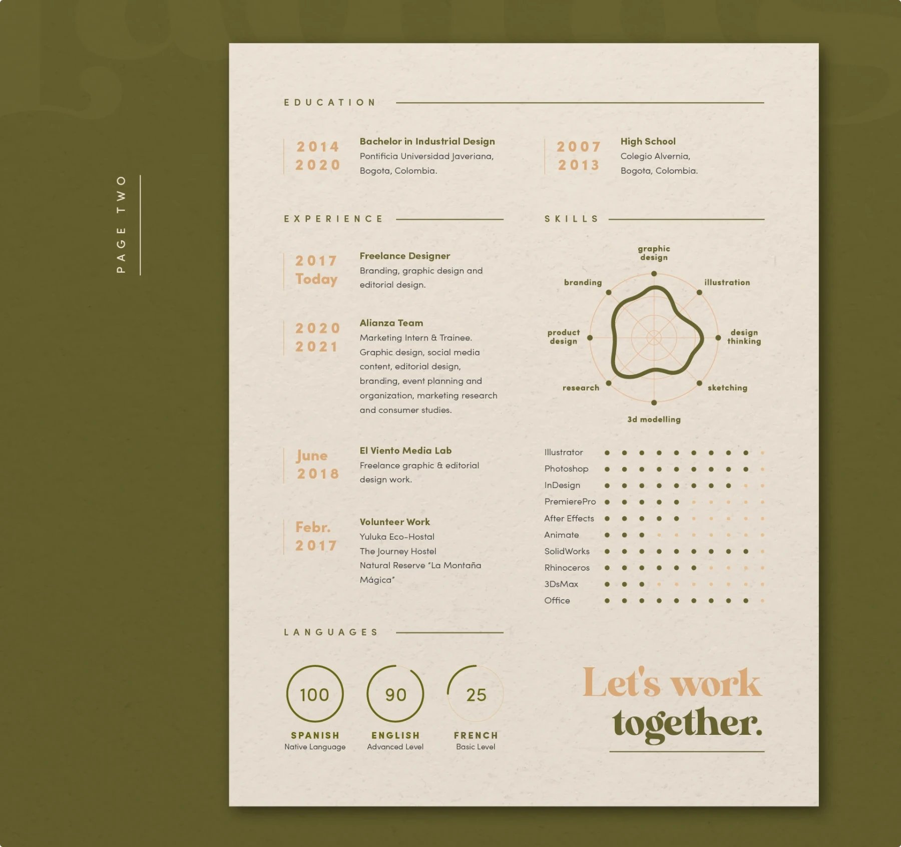 Two-page creative CV example for Laura Gutierrez, Colombian graphic and product designer, showcasing sophisticated earth-tone color palette with green and beige accents