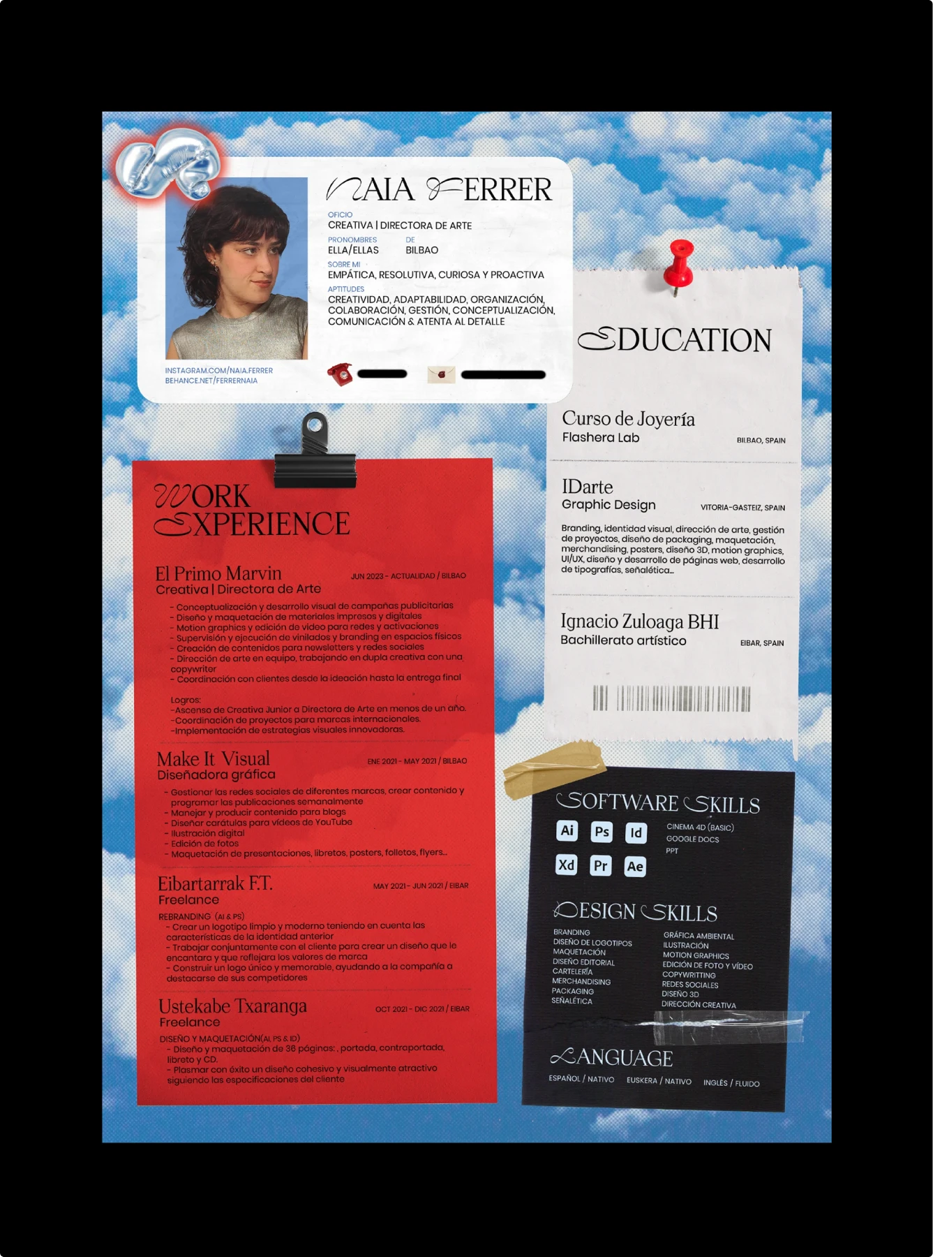 Unique creative resume design with sky and cloud theme background for Maia Ferrer, Spanish creative director and art director, featuring scattered design elements in collage-style layout