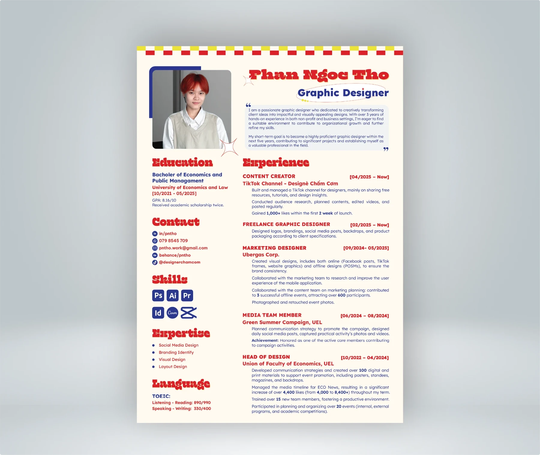 Creative marketing resume example for Phan Ngoc Tho, graphic designer, featuring retro-inspired design with red, white and blue color scheme and well-organized sections