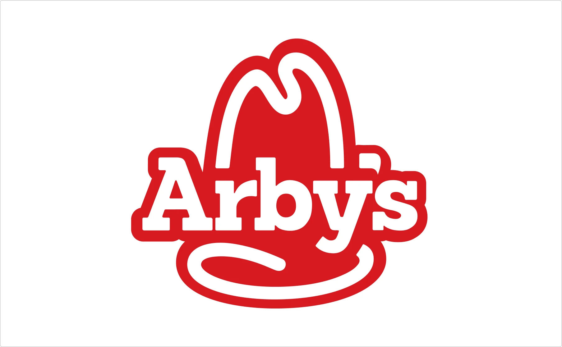Arby's fast food logo with white lettering on red cowboy hat background showing restaurant brand typography
