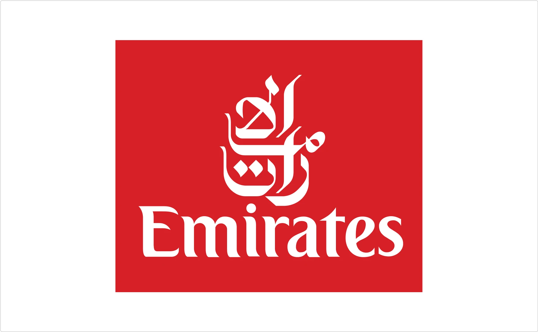 Emirates airline red logo combining Arabic calligraphy with clean sans-serif English text demonstrating international brand messaging