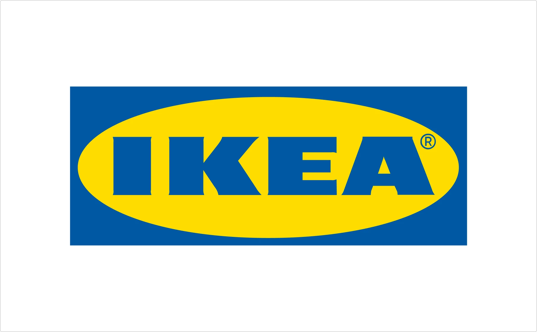 IKEA typography logo in white letters on yellow oval background with blue border, demonstrating bold font logo design