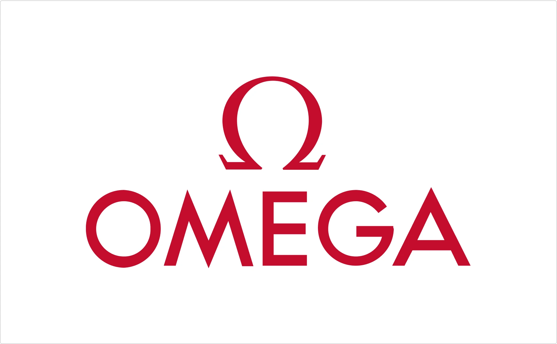 Omega luxury watch brand featuring red Greek letter symbol with bold typography below