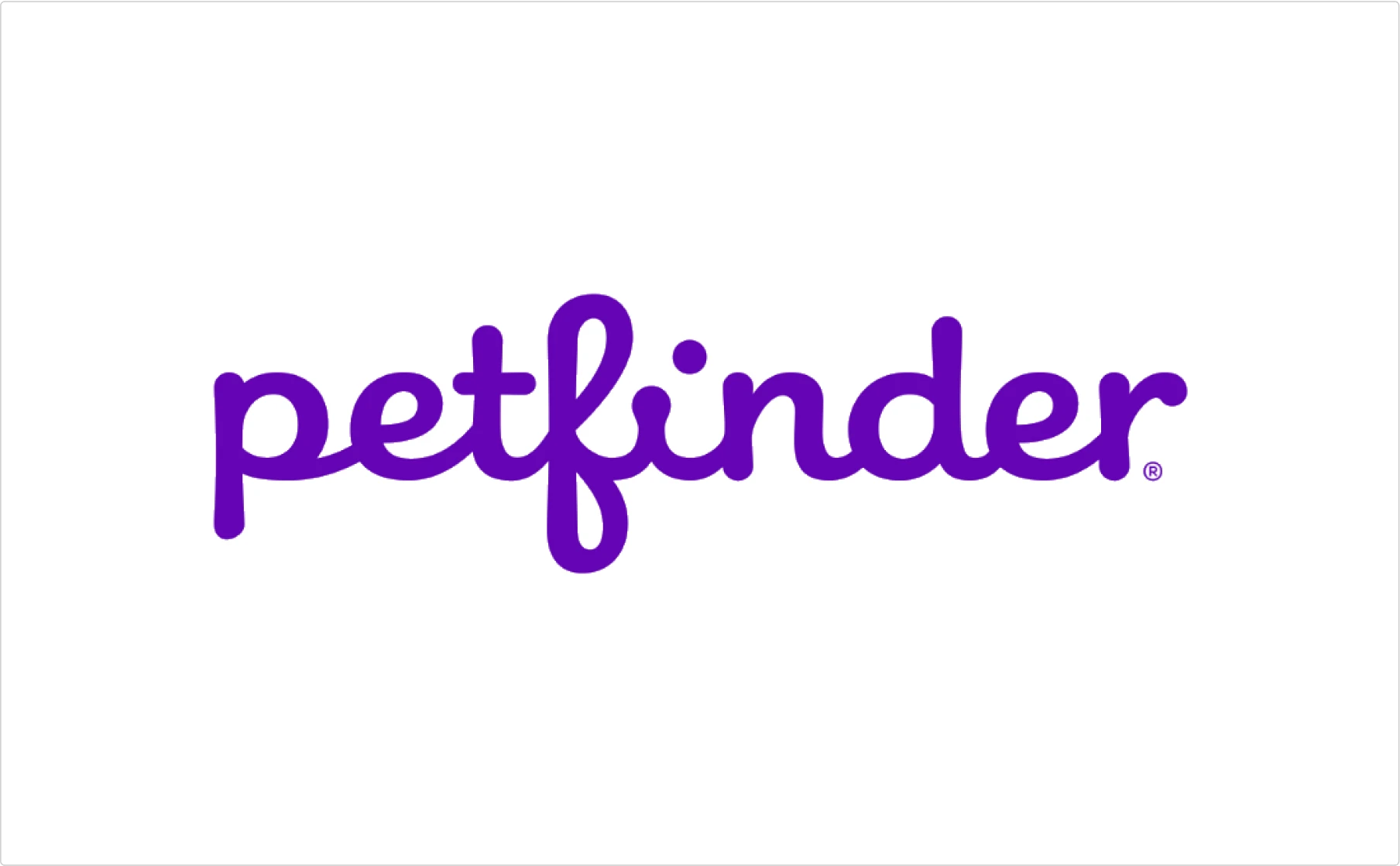 Petfinder purple script lettering logo demonstrating friendly pet adoption service typographic branding