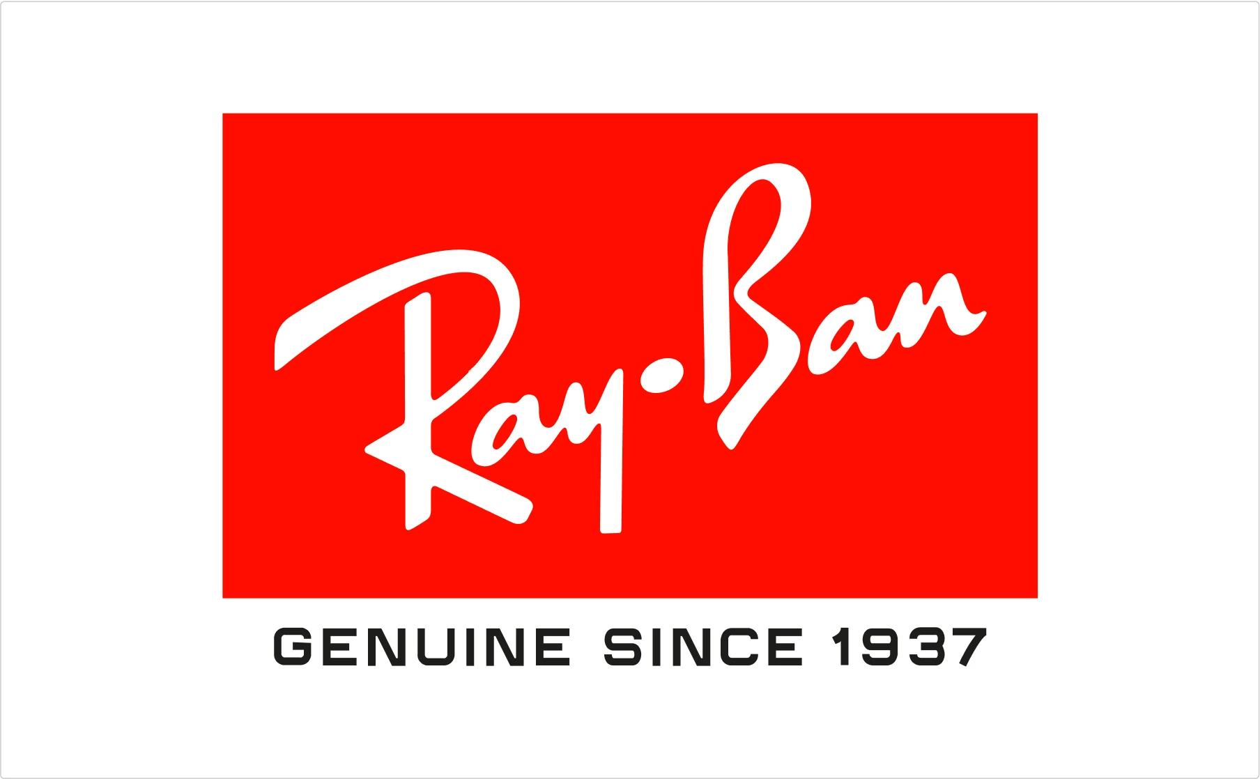 Ray-Ban script lettering logo on red background with "GENUINE SINCE 1937" tagline demonstrating iconic brand lettering