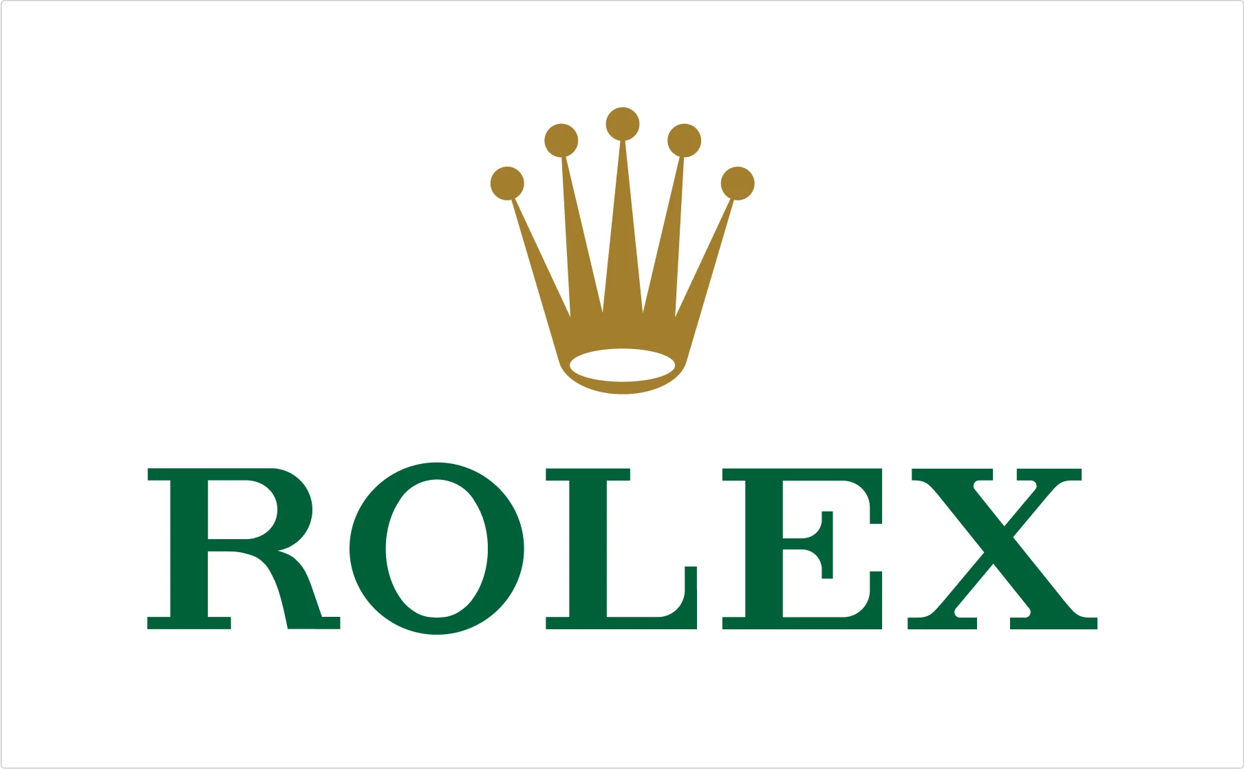 Rolex green serif typography logo with gold crown symbol demonstrating luxury watch brand lettering