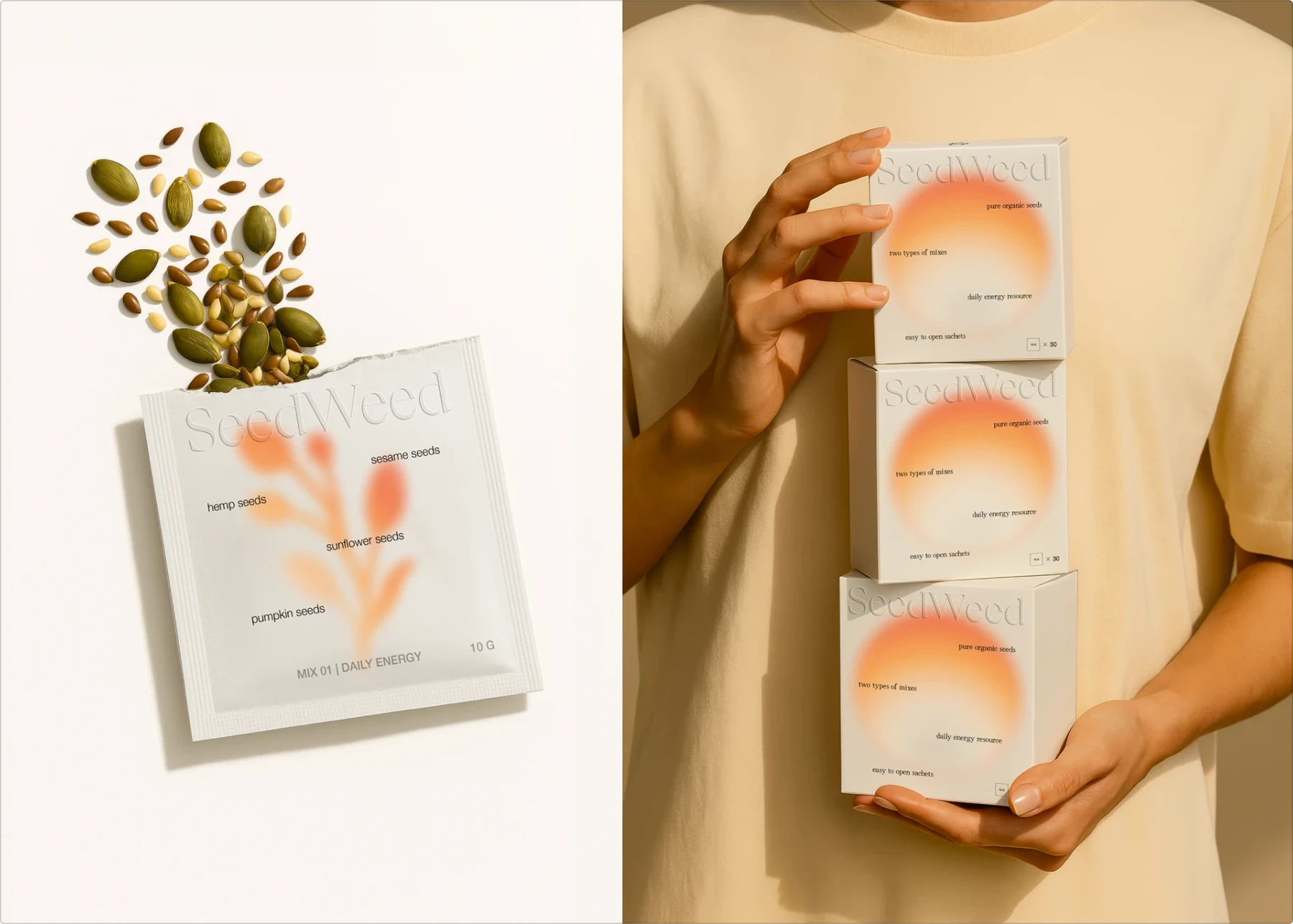 Minimalist white seed packets with orange gradient blurs and clear product descriptions, showing actual hemp, sesame, sunflower, and pumpkin seeds scattered alongside the SeedWeed branded packaging