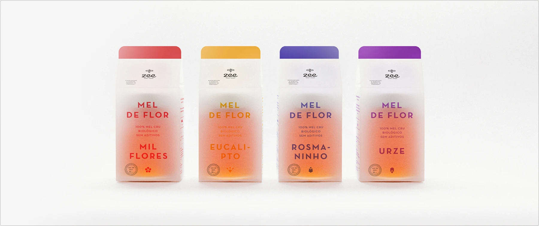 Four honey pouches in distinctive bottle-shaped packaging with translucent paper, featuring coral, orange, blue, and purple gradient colors for different honey varieties - Mil Flores, Eucalipto, Rosmaninho, and Urze