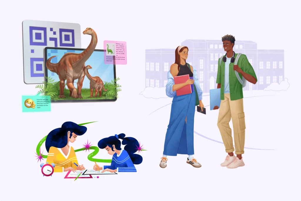 Students using modern learning tech including QR code scanning, mobile devices, AR dinosaur experience, and collaborative digital learning—education that actually keeps up with the times