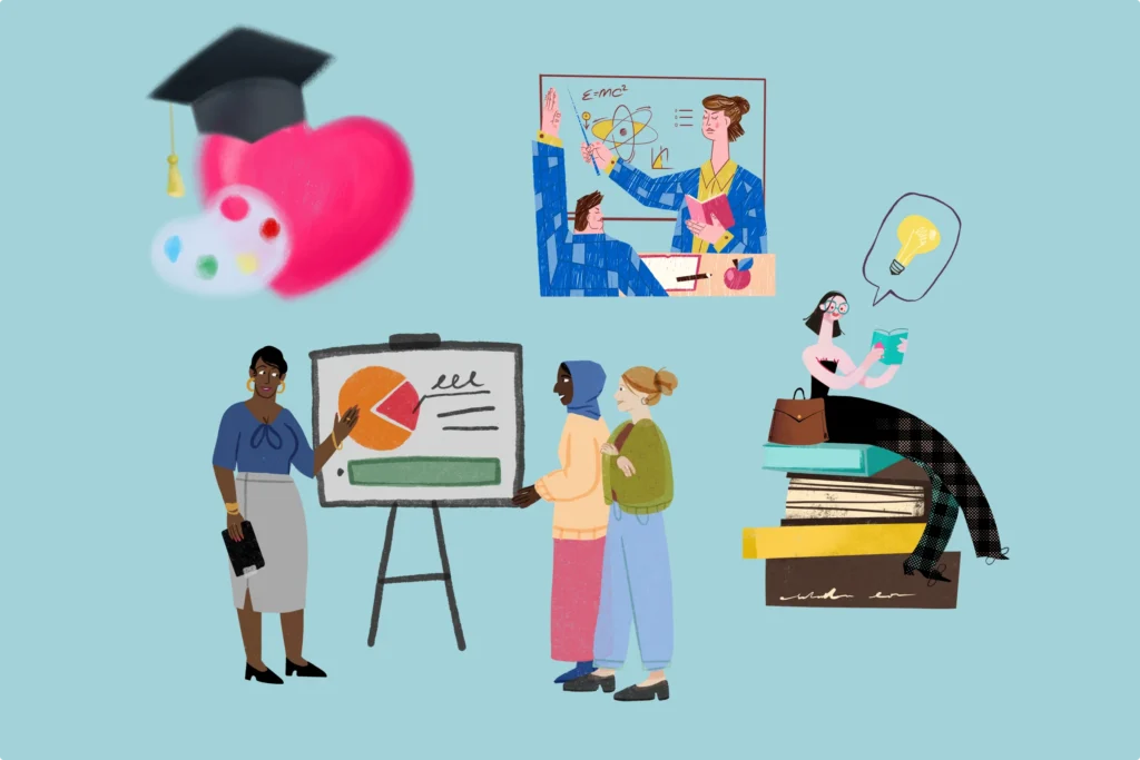 Educational collage featuring graduation cap, classroom presentation scene, collaborative learning, lightbulb moment, and students engaged in different learning activities—the whole academic experience in one frame