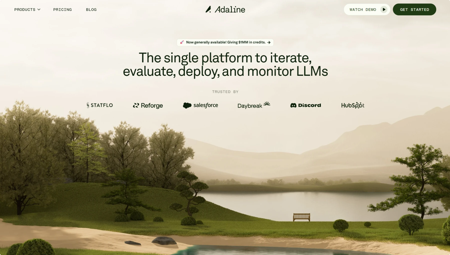 Screenshot of Adaline.ai website featuring serene landscape background with rolling green hills, trees, and a small bench by a misty lake. Clean interface shows "The single platform to iterate, evaluate, deploy, and monitor LLMs" headline with trusted company logos including Salesforce, Discord, and HubSpot. Navigation includes "PRODUCTS, PRICING, BLOG" with green "GET STARTED" CTA button