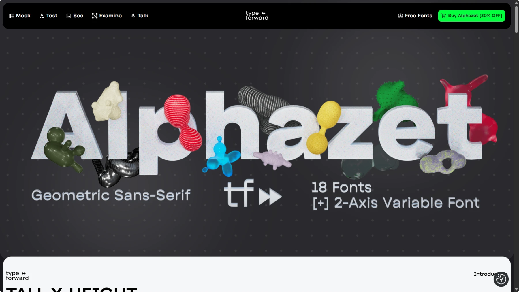 Screenshot of Alphazet font playground website showing large white "Alphazet" text decorated with colorful 3D objects including cacti, spheres, and geometric shapes against a dark starry background. Interface shows "Geometric Sans-Serif" description, "18 Fonts [+] 2-Axis Variable Font" details, and navigation menu with "Mock, Test, See, Examine, Talk" options. Green "Buy Alphazet (30% OFF)" button visible in top right