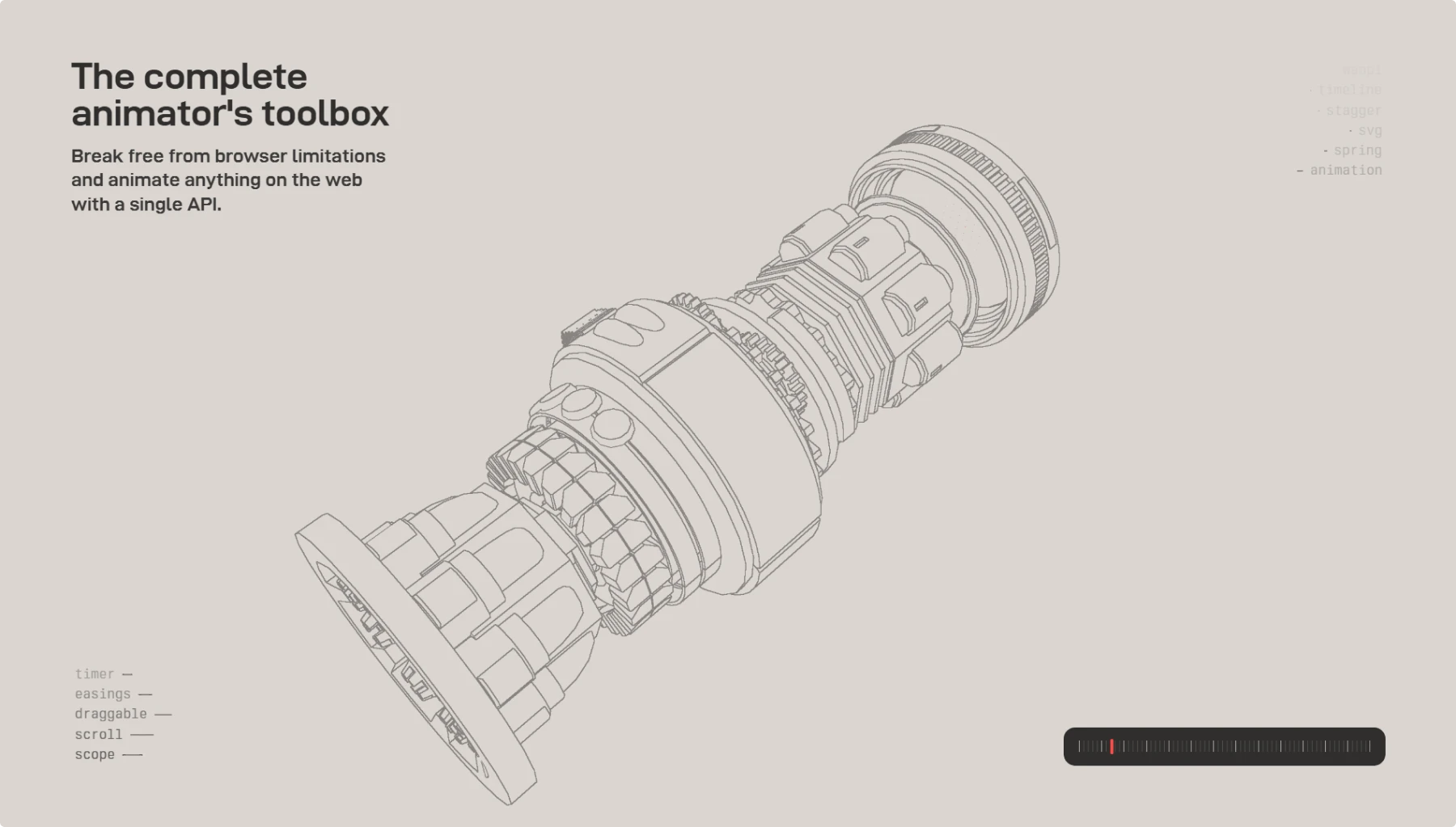 Screenshot of AnimeJS website showing "The complete animator's toolbox" headline with detailed wireframe illustration of an exploded mechanical device, clean beige background, and feature list including "timer, easings, draggable, scroll, scope.