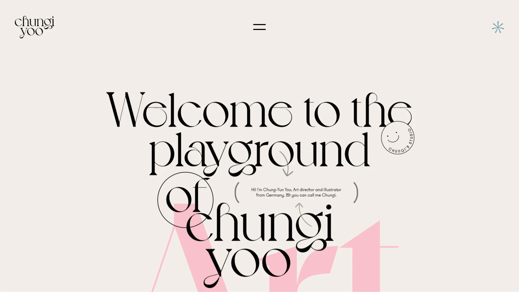 Screenshot of Chungi Yoo's portfolio website featuring playful typography with "Welcome to the playground of chungi yoo" headline. Clean layout with pink geometric elements, circular badge design, and personal introduction as "Art director and illustrator from Germany.