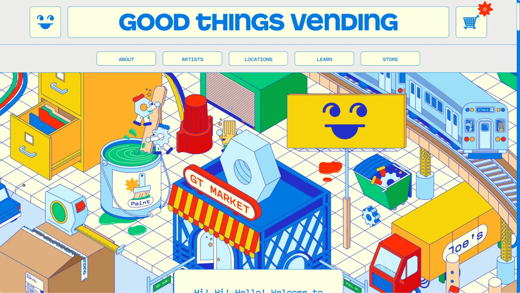 Screenshot of Good Things Vending website featuring a vibrant isometric cityscape illustration with colorful buildings, storefronts including "GT Market," a subway train, various vending machines, paint cans, and urban elements in bright primary colors. Clean navigation shows "ABOUT, ARTISTS, LOCATIONS, LEARN, STORE" with a shopping cart icon