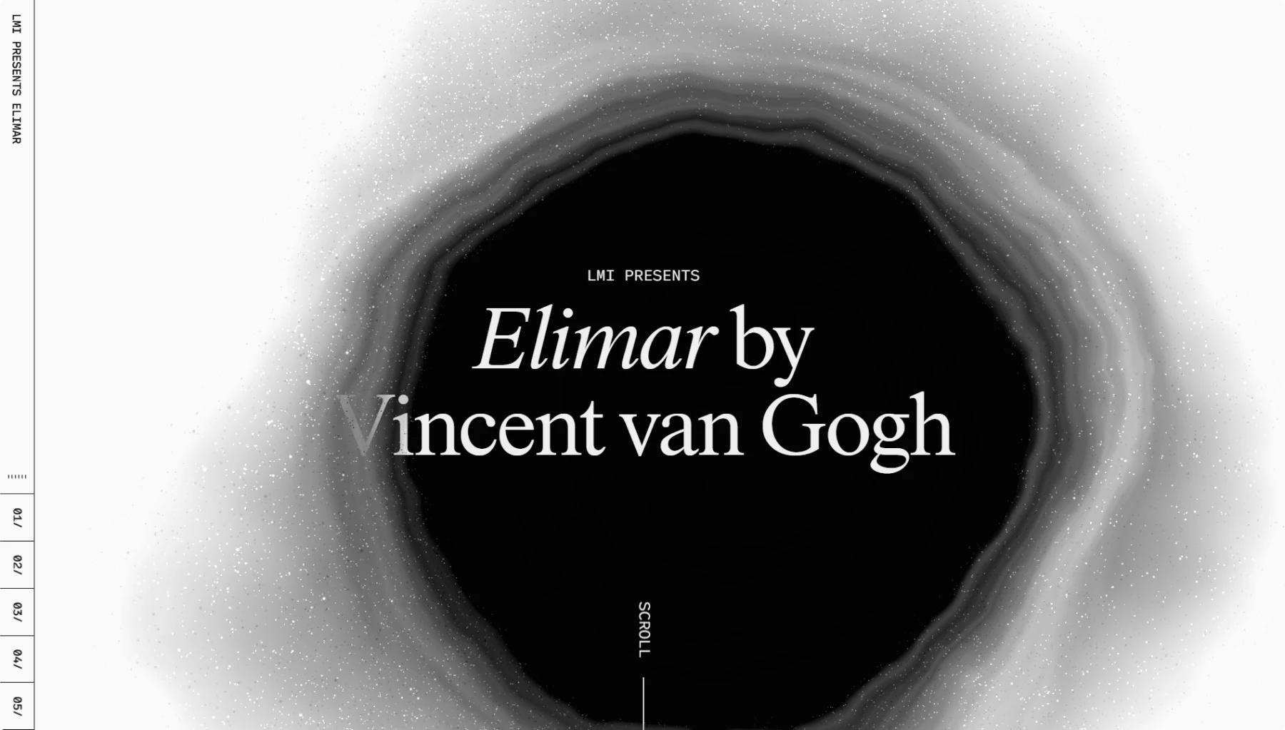 Screenshot of LMI Van Gogh Experience website featuring abstract swirling gray and white patterns forming a dark void in the center. White elegant typography reads "LMI PRESENTS Elimar by Vincent van Gogh" against the artistic background. Minimal navigation elements visible including scroll indicators