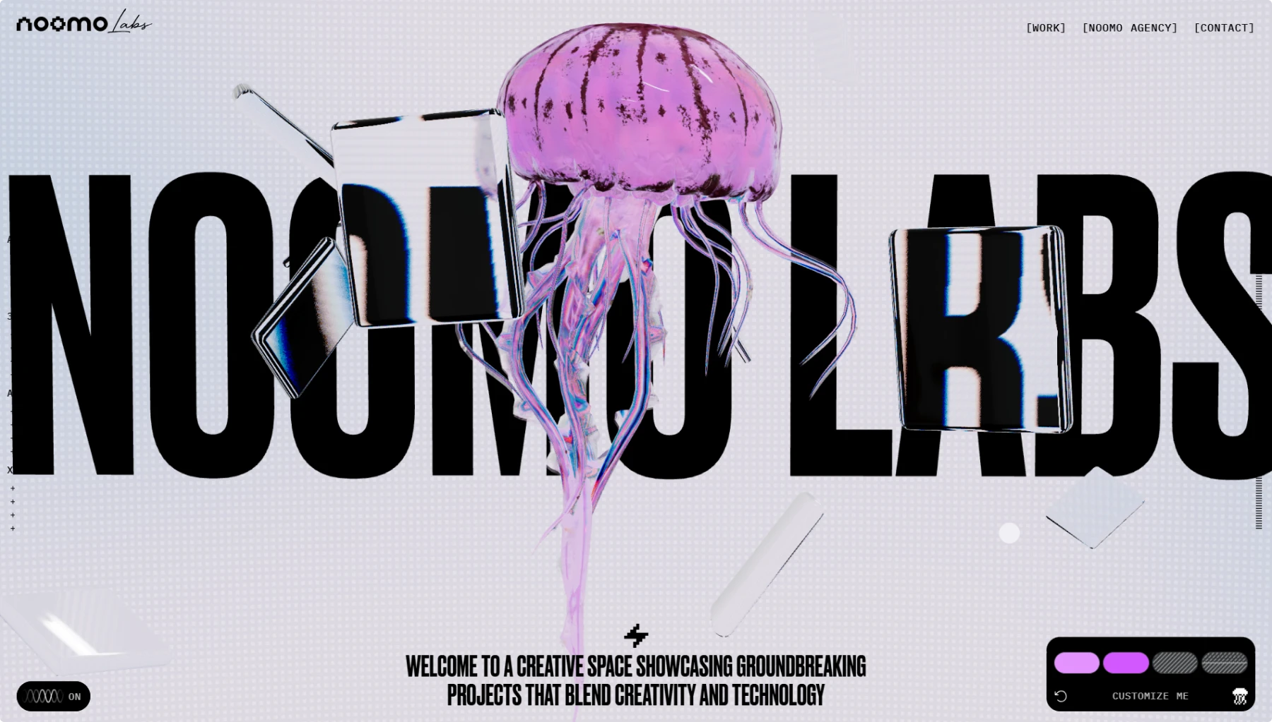 Screenshot of Noomo Labs website featuring bold black "NOOMO LABS" typography with a translucent pink jellyfish floating across the letters. Clean minimal interface with navigation links and tagline "Welcome to a creative space showcasing groundbreaking projects that blend creativity and technology.