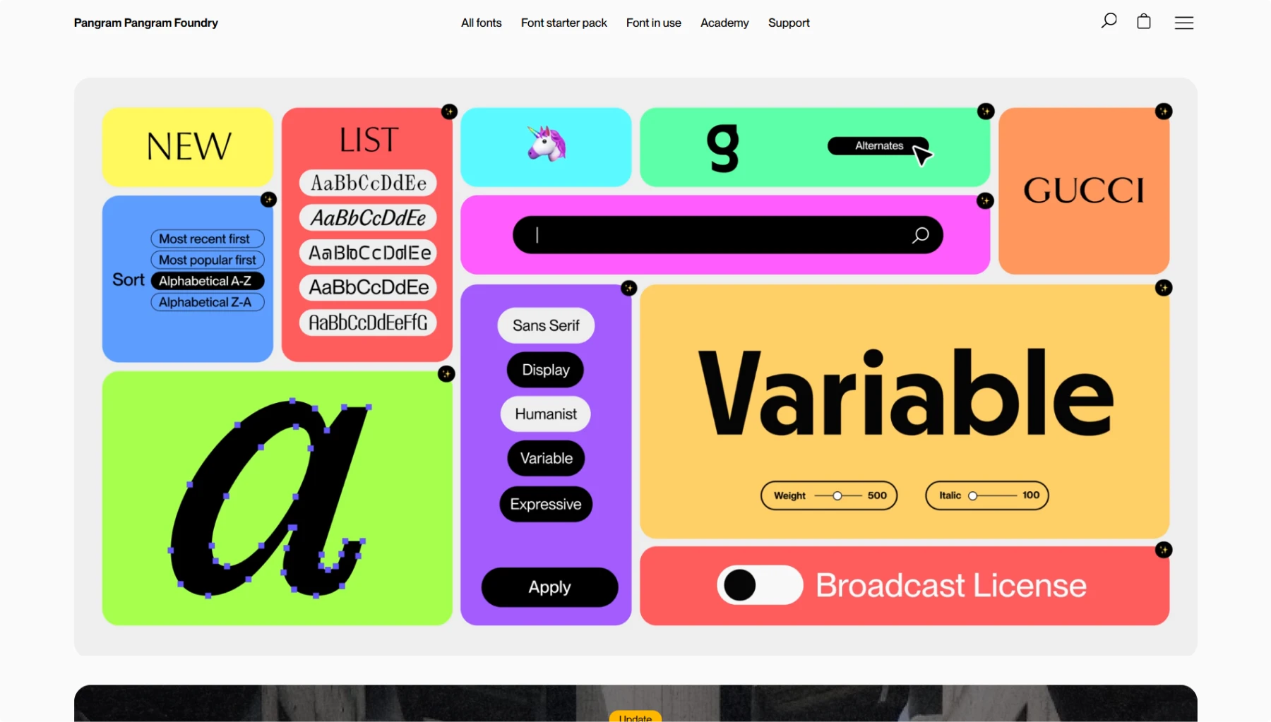 Screenshot of Pangram Pangram Foundry website showing a colorful modular interface with bright cards for sorting fonts, variable font controls, search functionality, and licensing options. Features playful design elements including unicorn emoji, "GUCCI" branding example, and interactive filter tags in vibrant colors
