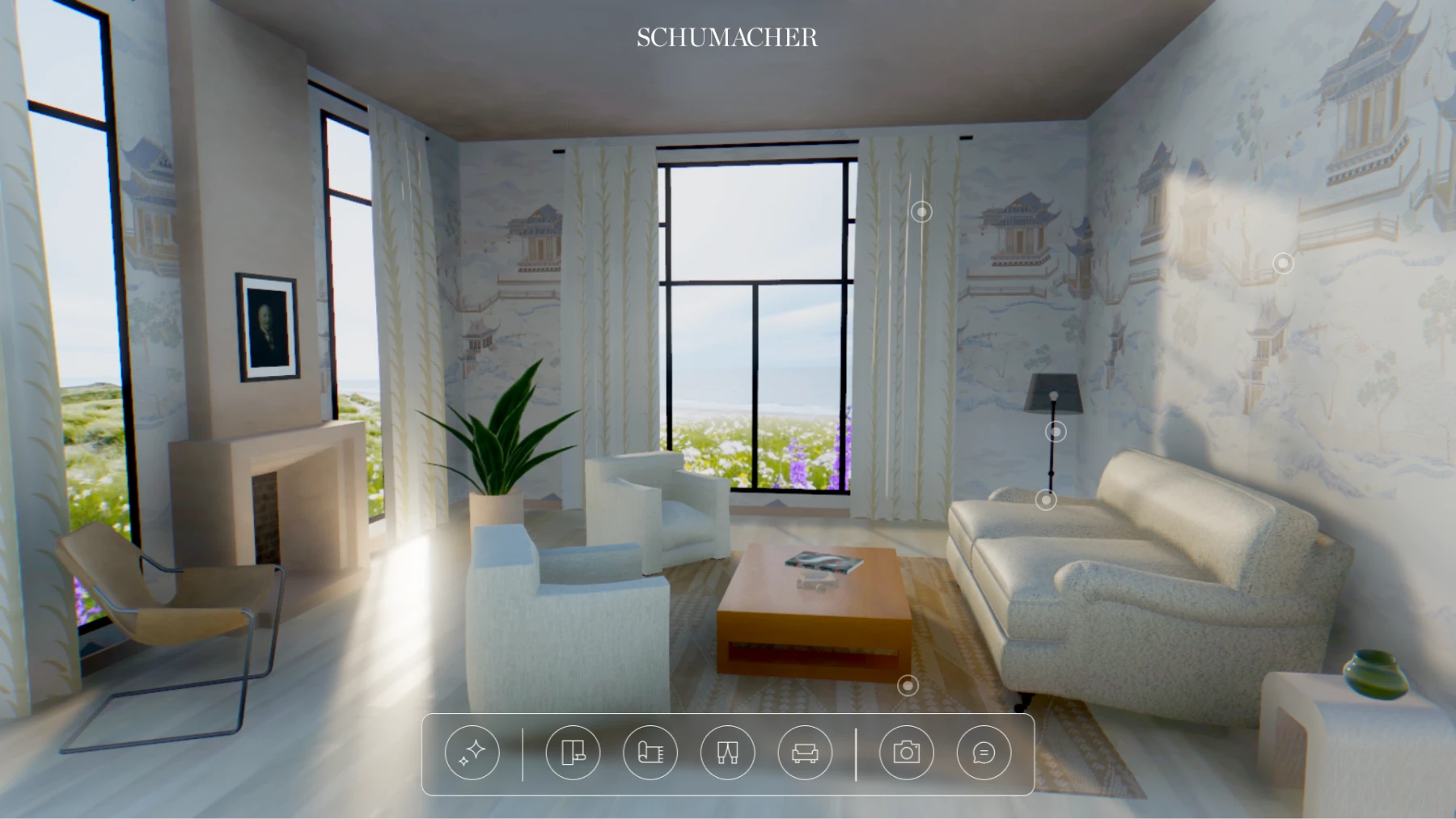 Screenshot of Schumacher House 3D virtual tour showing an elegant living room with light blue mural wallpaper, white furniture, large windows, and interactive navigation icons at the bottom for exploring different views and features of the space
