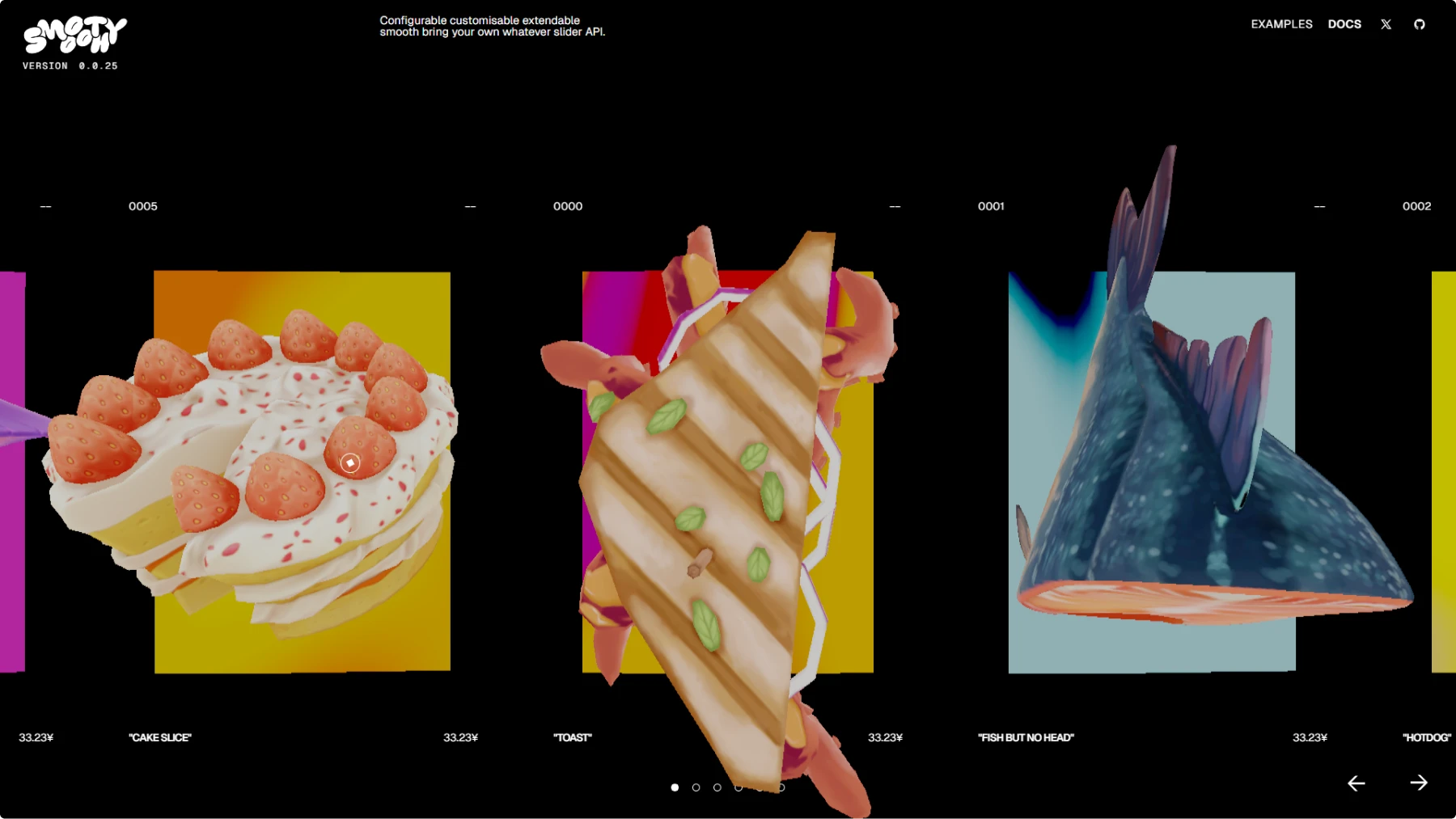Screenshot of Smooothy API documentation website featuring a dark interface with colorful 3D food objects in an interactive slider. Shows a strawberry cake slice on yellow background, a layered sandwich on multicolored background, and a fish on light blue background. Interface includes navigation dots, slide numbers (0005, 0000, 0001, 0002), and labels like "CAKE SLICE," "TOAST," and "FISH BUT NO HEAD." Top navigation shows version 0.0.25 and tagline "Configurable customisable extendable smooth bring your own whatever slider API.