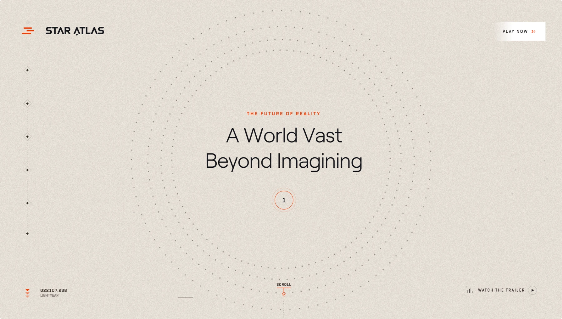 screenshot showing minimal cream layout with "A World Vast Beyond Imagining" headline and subtle dot pattern