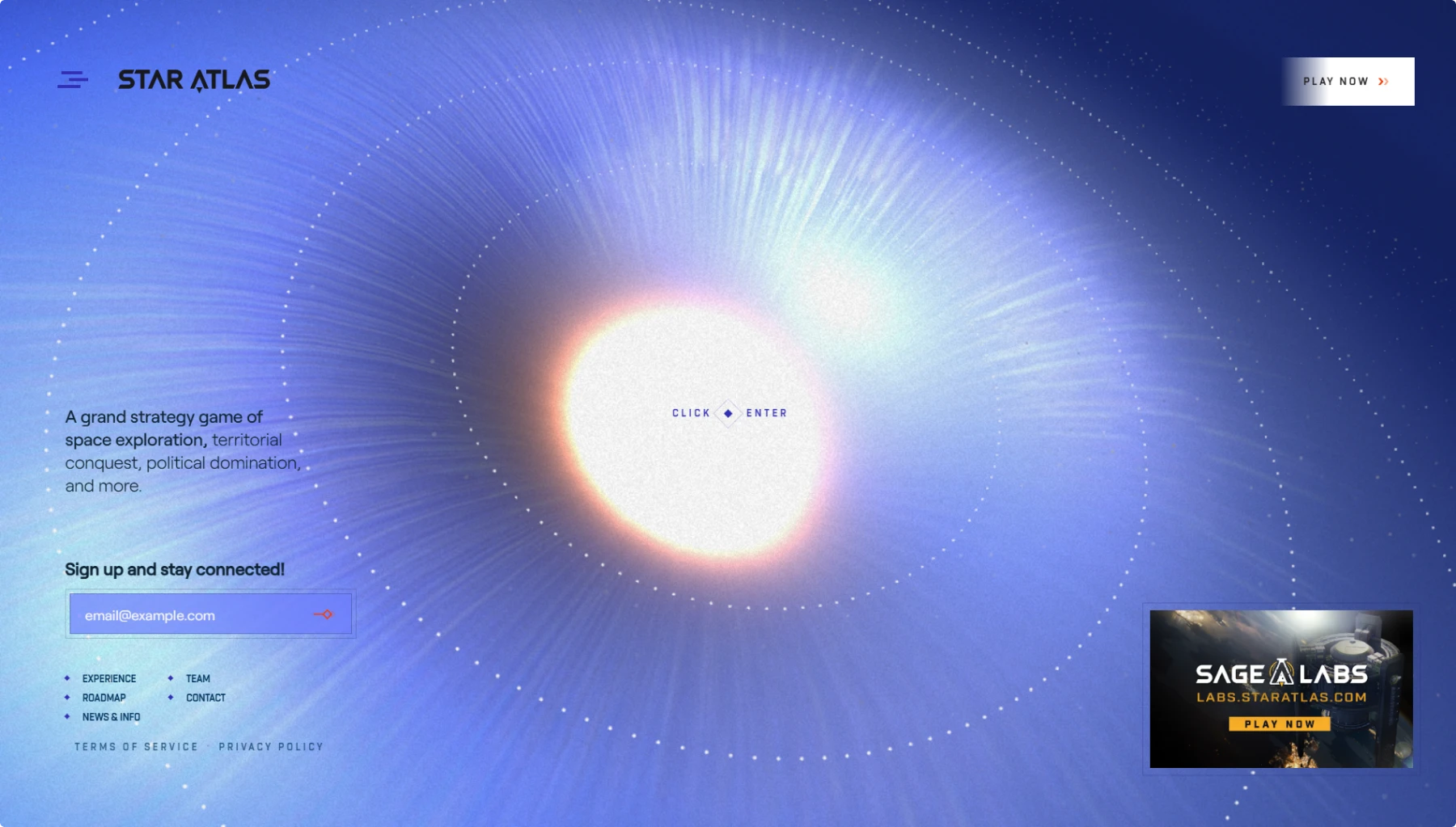 screenshot of Star Atlas website - first showing cosmic portal with bright center light against purple starfield background