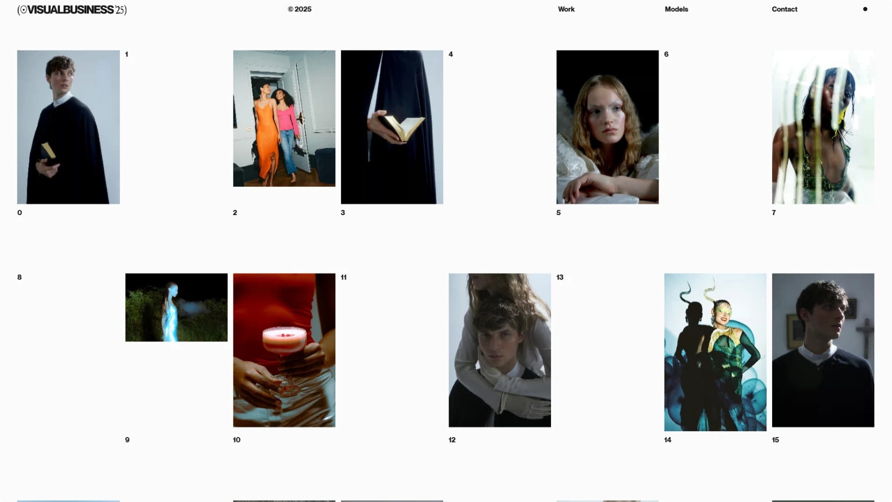 Screenshot of VisualBusiness portfolio website showing a grid layout of 16 numbered photography images (0-15) including portraits, fashion shots, and artistic compositions. Clean minimal interface with "VISUALBUSINESS 25" branding and simple navigation showing "Work, Models, Contact" options
