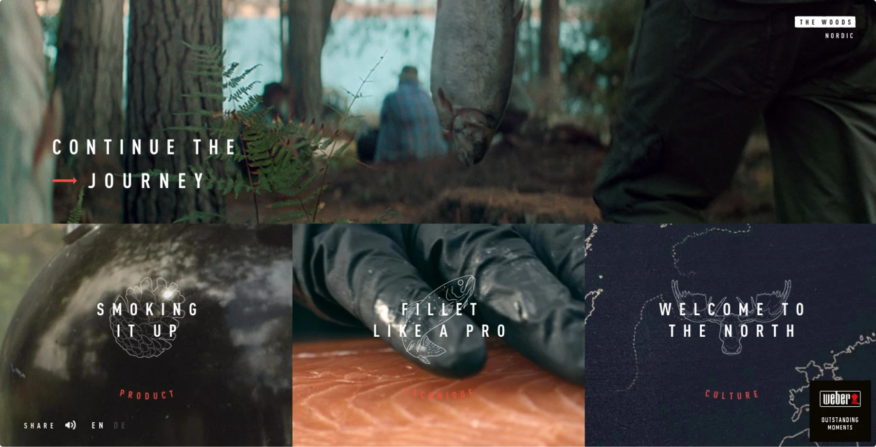 cinematic journey navigation with atmospheric forest photography and options like "SMOKING IT UP," "FILLET LIKE A PRO," "WELCOME TO THE NORTH."