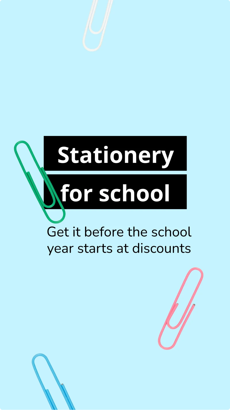 Scattered colorful paper clips on light blue background with 'Stationery for school' promotion text—because apparently even office supplies need to look Instagram-worthy now