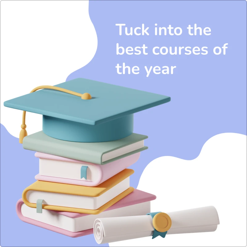Graduation celebration image with 'Tuck into the best courses of the year' text, featuring stacked books topped with graduation cap and diploma scroll