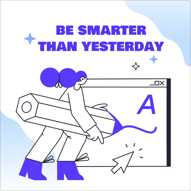 Inspirational study graphic with 'BE SMARTER THAN YESTERDAY' text and illustrated student character interacting with geometric learning interface on gradient background