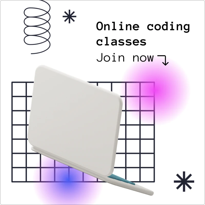 Minimal geometric design with purple gradient blob on grid background, spiral element, and 'Online coding classes Join now' text—someone definitely studied their Dribbble trends before making this one