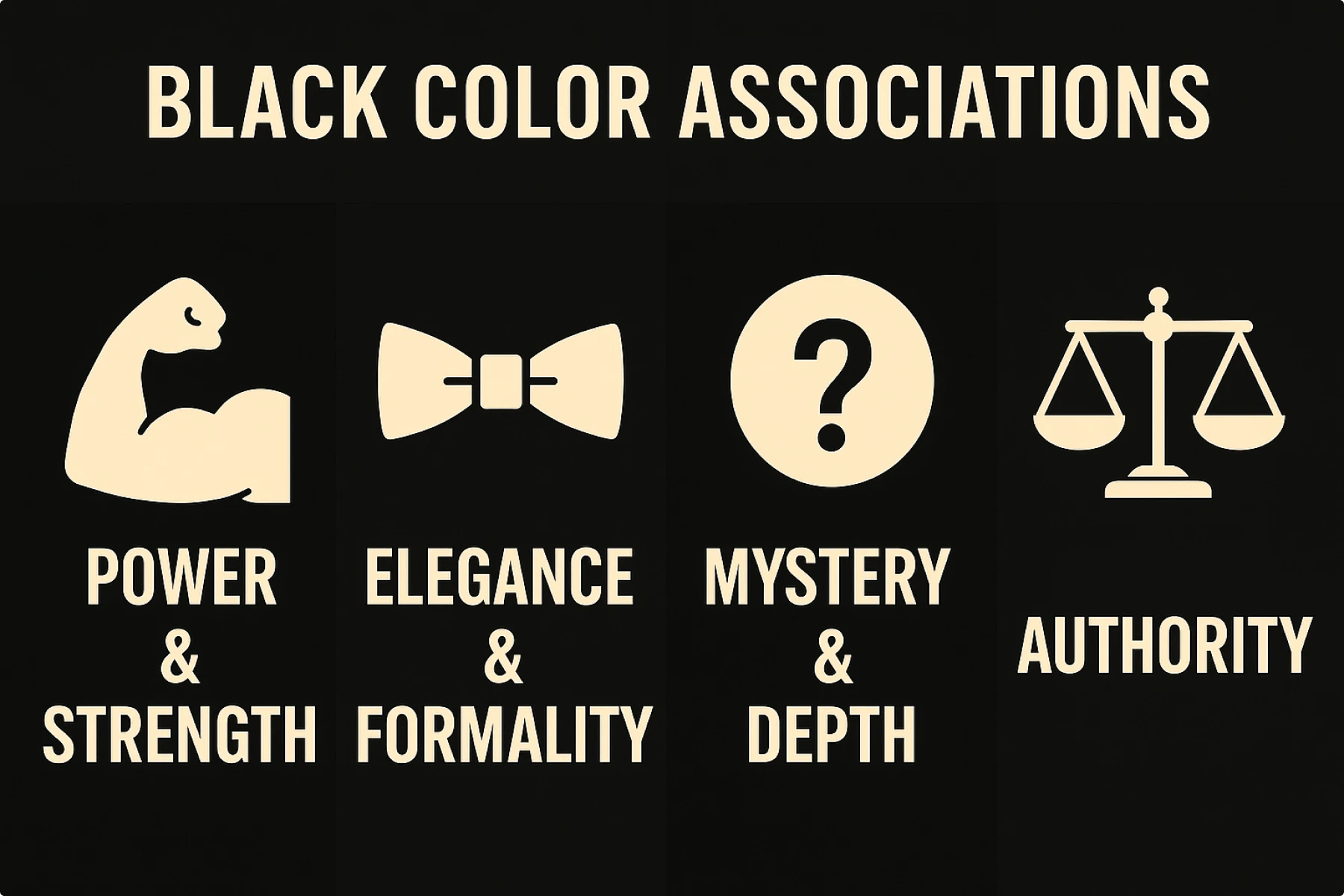 Black color associations chart symbolizing power, elegance, mystery, and authority