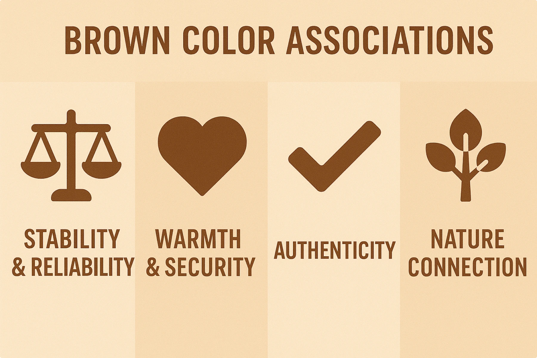 Brown color associations chart representing stability, warmth, authenticity, and connection to nature