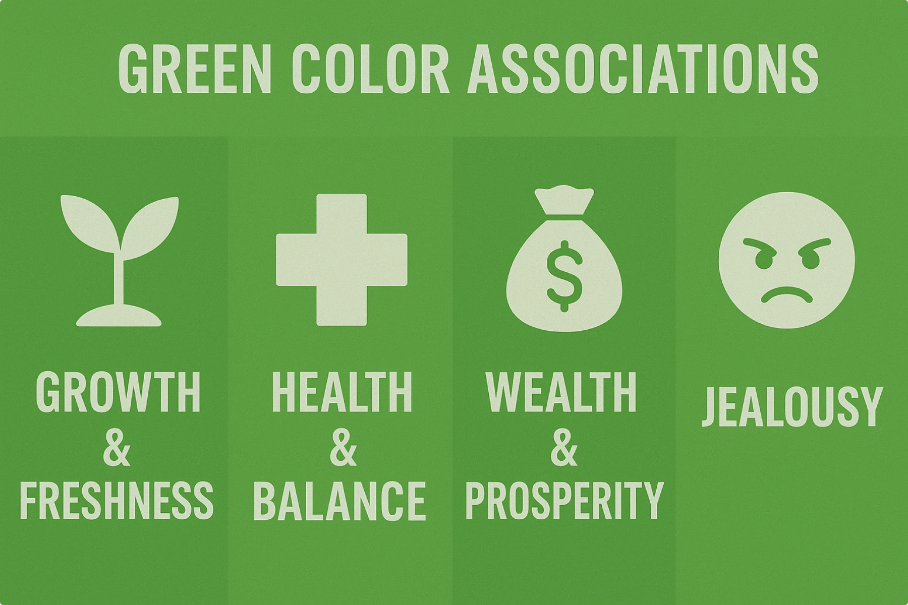 Green color associations chart representing growth, health, wealth, and jealousy in color psychology and symbolism