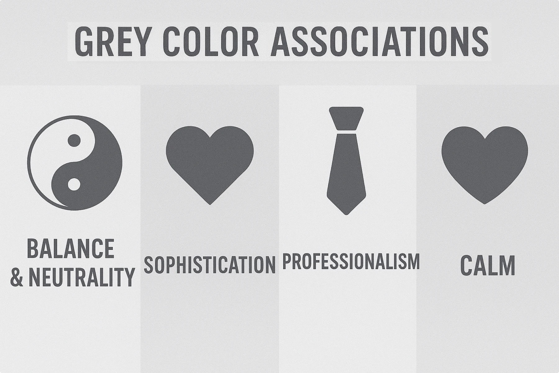 Grey color associations chart symbolizing balance, sophistication, professionalism, and calmness