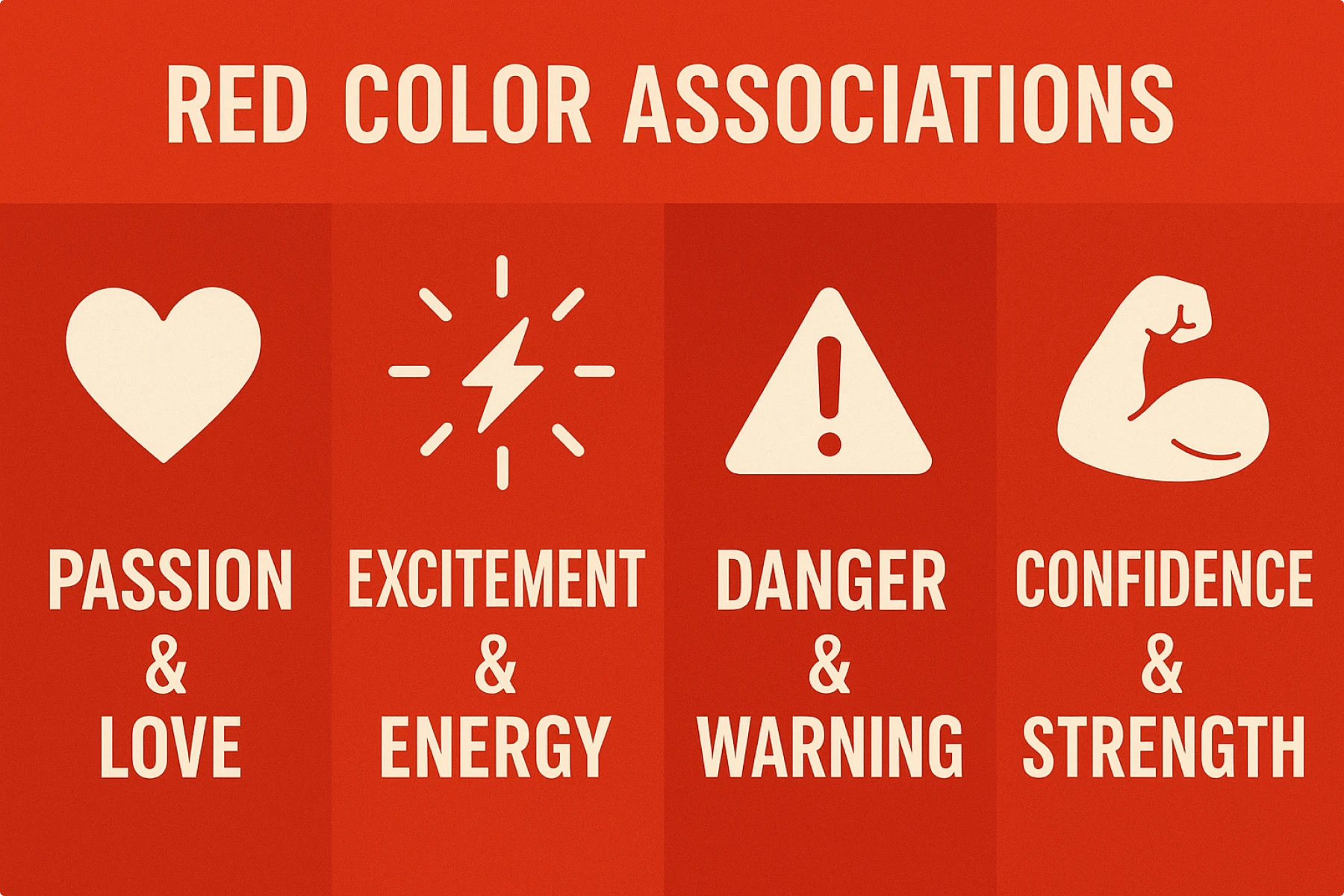 Red color associations chart highlighting passion, excitement, danger, and confidence