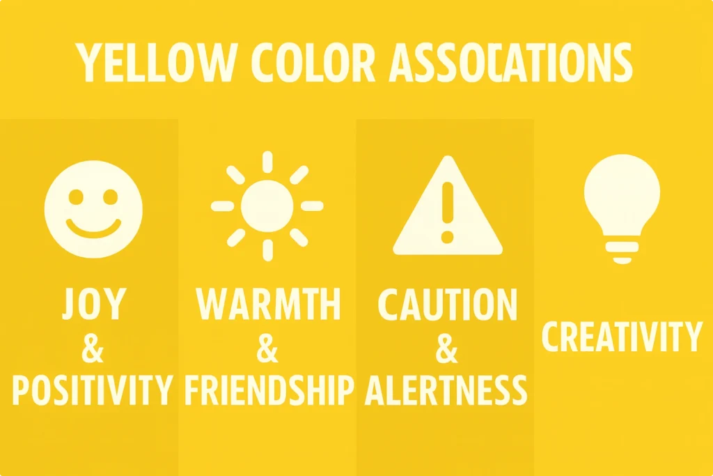 Yellow color associations chart showing joy, warmth, caution, and creativity