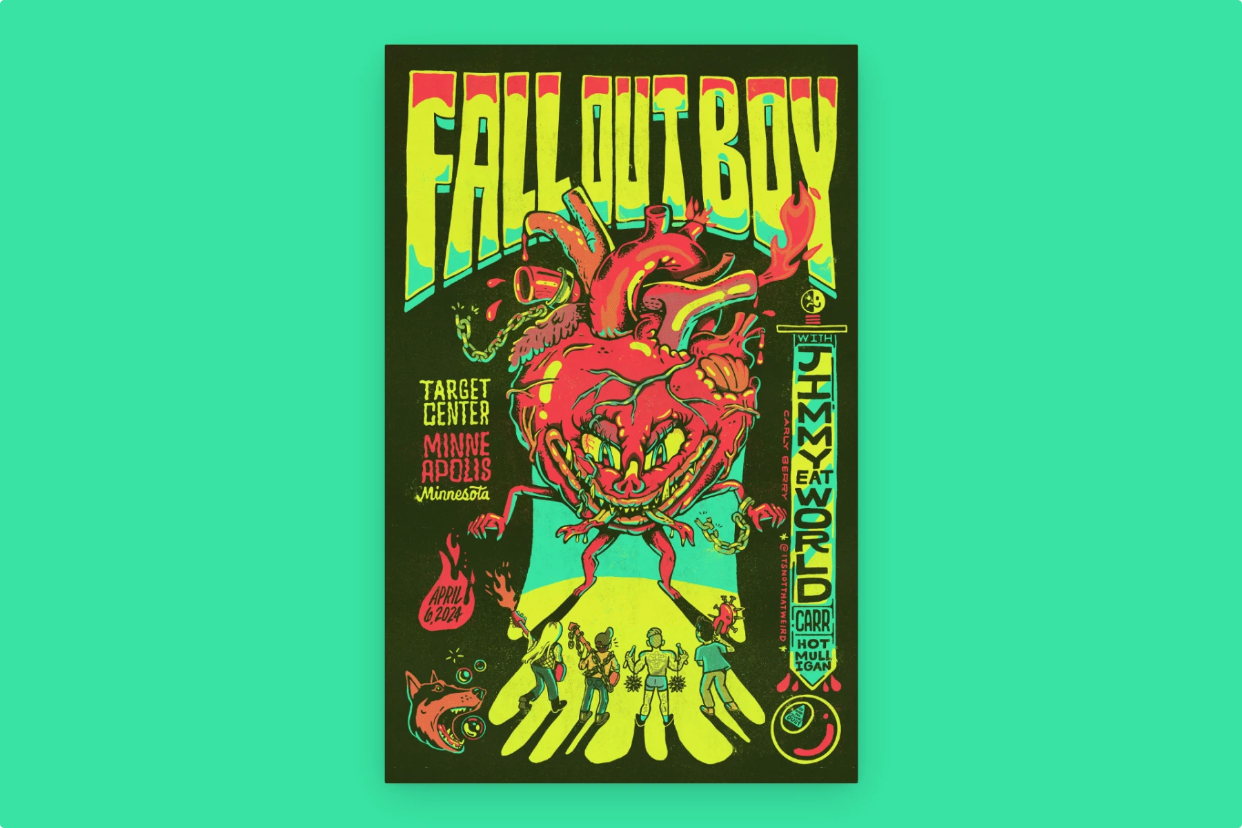 Gig poster: neon lime and hot-pink heart monster with comic lettering; Target Center Minneapolis, with Jimmy Eat World