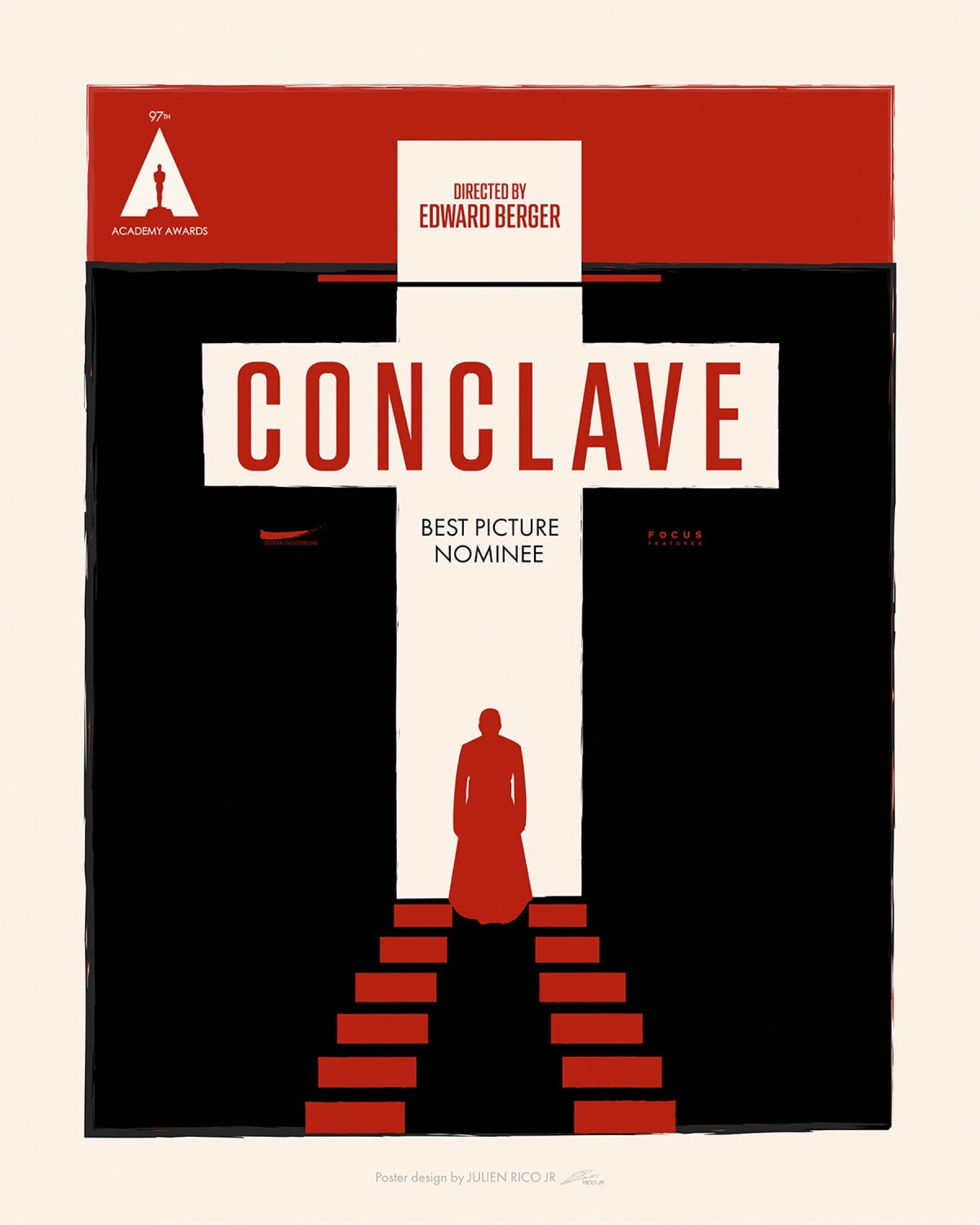 Minimalist film poster ‘Conclave’: white cross over black void, red steps with lone figure; nominee/credits text