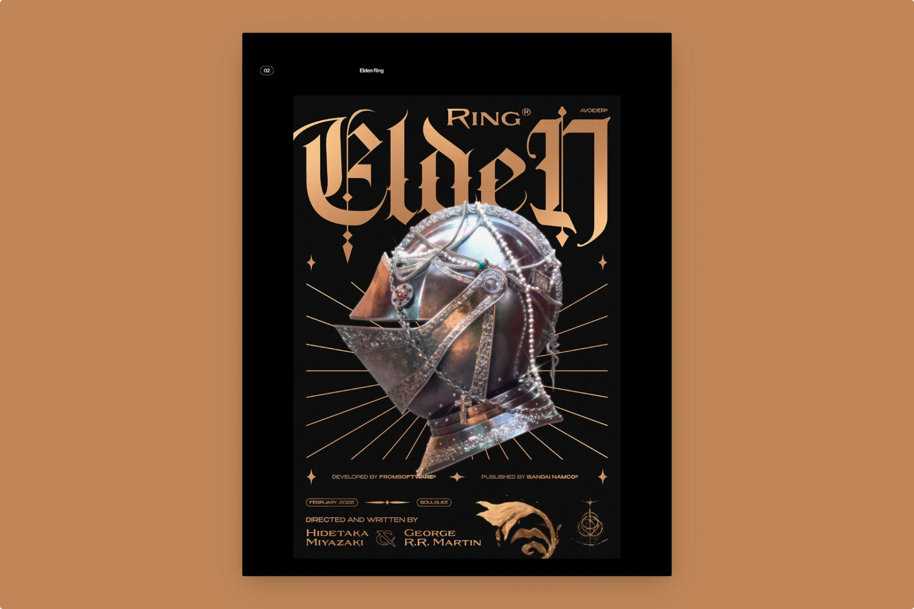 Video-game poster ‘Elden Ring’: gold blackletter title and jeweled knight helmet on black with starburst lines and credits
