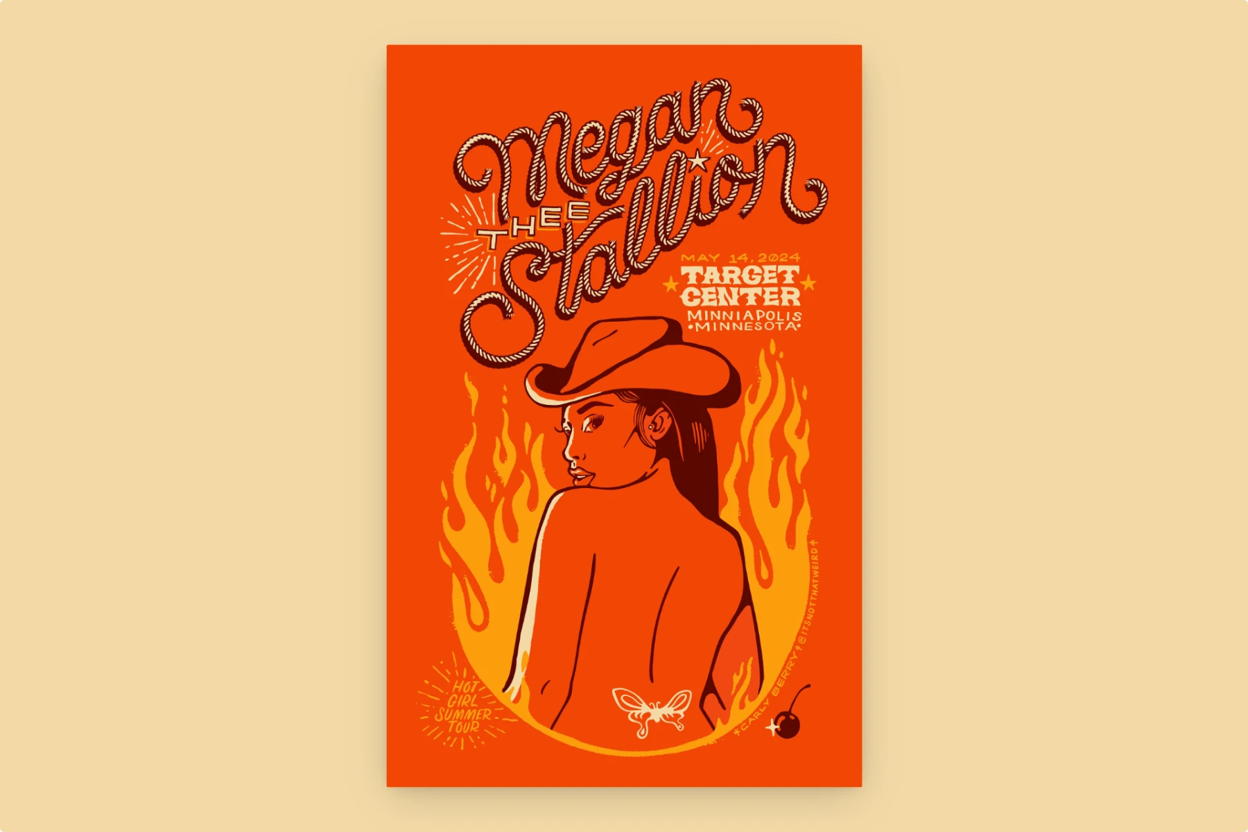 Two-tone orange tour poster: cowgirl illustration with flames; ‘Megan Thee Stallion’; Target Center Minneapolis, May 14, 2024