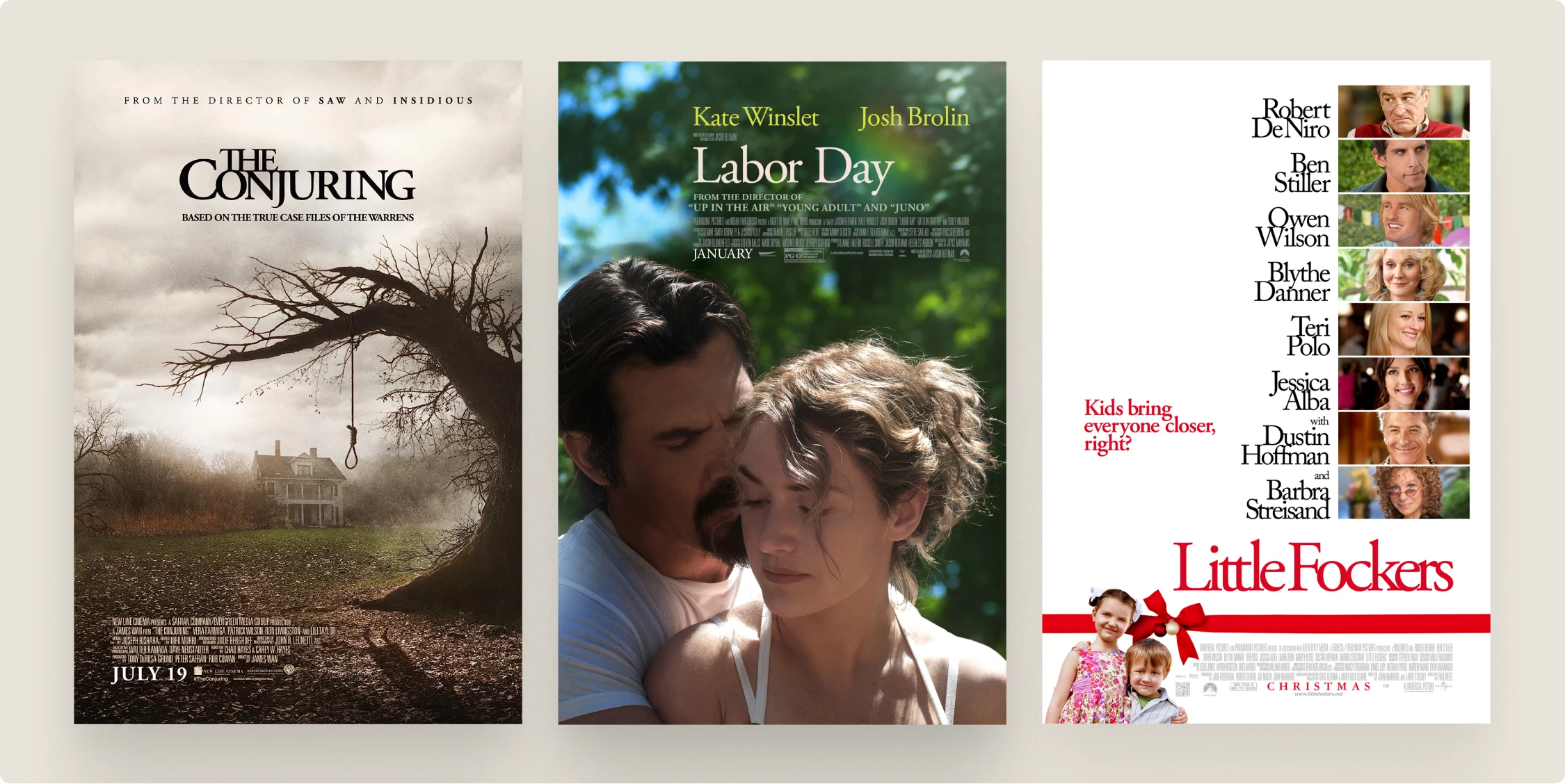 Three movie poster designs: "The Conjuring" horror film poster with haunted house and tree, "Labor Day" romantic drama poster with Kate Winslet and Josh Brolin embracing, and "Little Fockers" comedy poster featuring ensemble cast grid layout.
