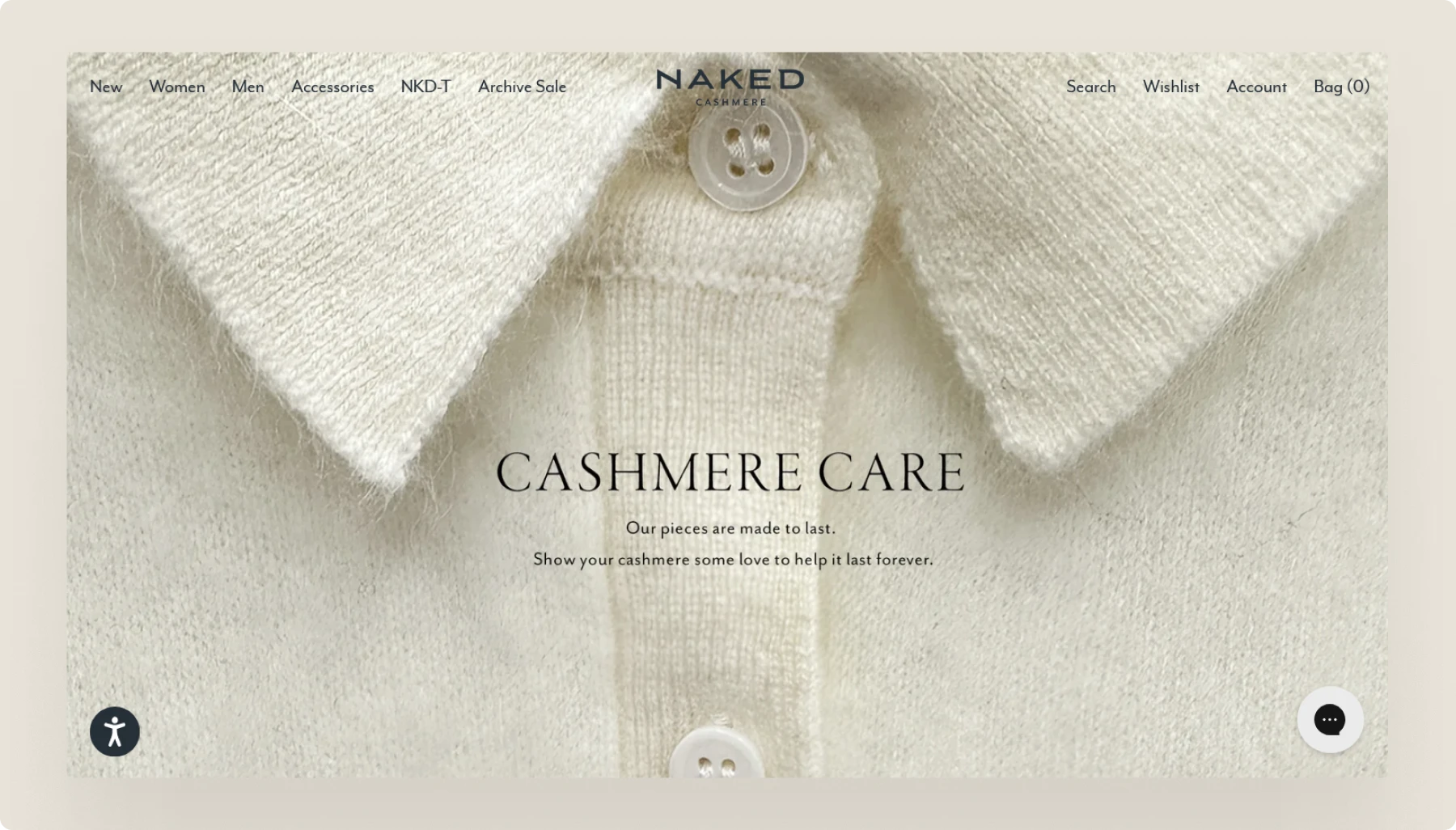 Naked Cashmere website homepage featuring close-up of cream cashmere cardigan with natural wood buttons. Navigation includes "NAKED CASHMERE" logo centered with menu options for New, Women, Men, Accessories, NKD-T, and Archive Sale. Hero section shows "CASHMERE CARE" headline with subtext about caring for cashmere pieces.