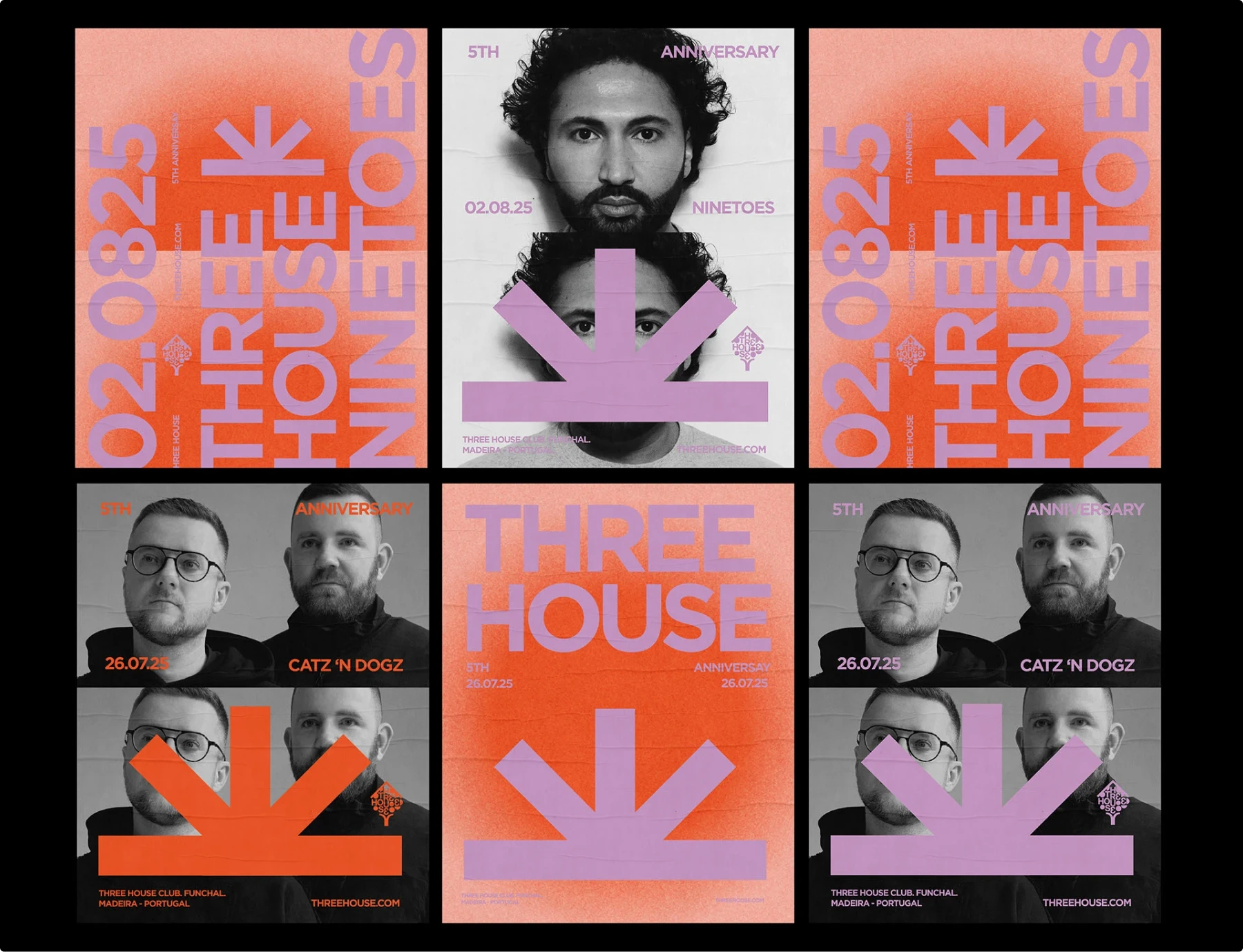 Six club anniversary posters: lavender/orange duotone portraits with arrow brand mark, giant vertical dates, and ‘Three House’ wordmark